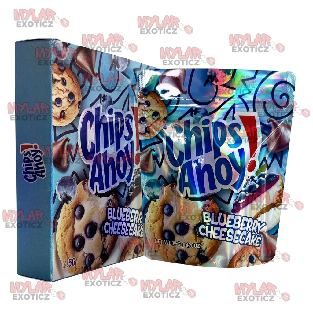 Blueberry Cheesecake Cookie Mylar Bags + Matching Boxes | 3.5g Exotic Resealable Storage Set Mylar Exoticz