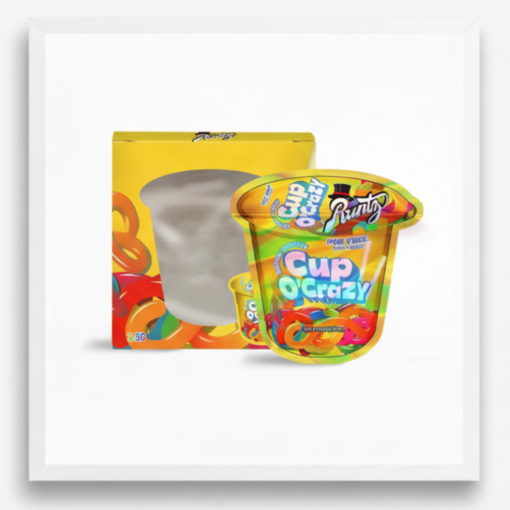Cup O'Crazy Mylar Bags Window Boxes Premium Card