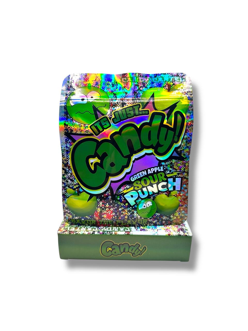 It’s Just Candy Green Apple Sour Candy Mylar Bags + Boxes | 100pc 3.5g Exotic Resealable Storage Set Mylar Exoticz