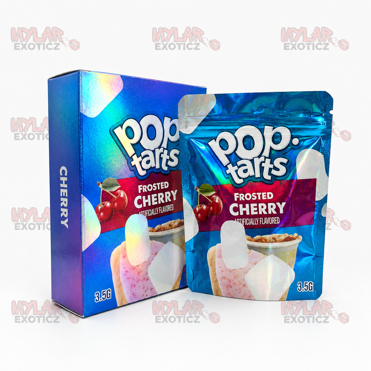 Poppy Tart Frosted Cherry Mylar Bags + Matching Boxes | 3.5g Exotic Resealable Storage Set