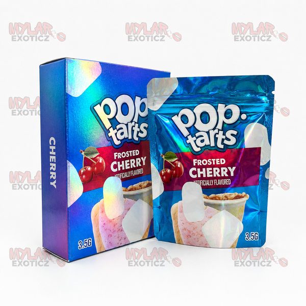 Poppy Tart Frosted Cherry Mylar Bags + Matching Boxes | 3.5g Exotic Resealable Storage Set