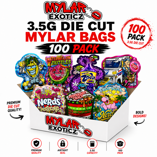 Mystery Die Cut Mylar Bags 100 Pack | 3.5g Exotic Resealable Storage Bags Bulk Set | Mylar Exoticz