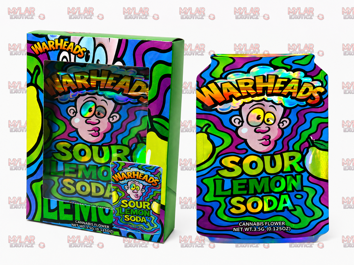 War Head Sour Lemon Soda Mylar Bags + Matching Window Boxes | 3.5g Exotic Resealable Storage Set