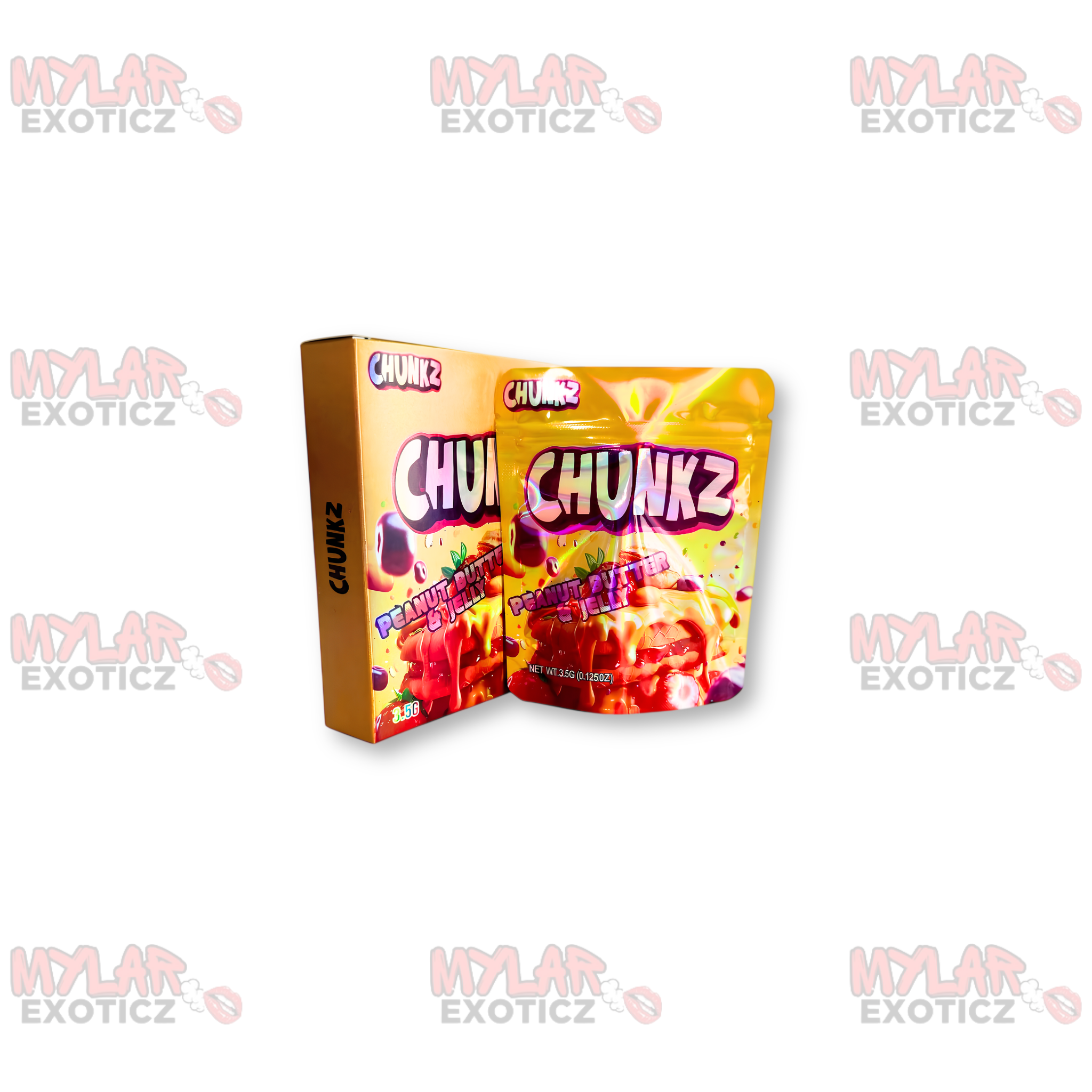 Chunkz Peanut Butter & Jelly Mylar Bags + Matching Boxes | 3.5g Exotic Resealable Storage Set
