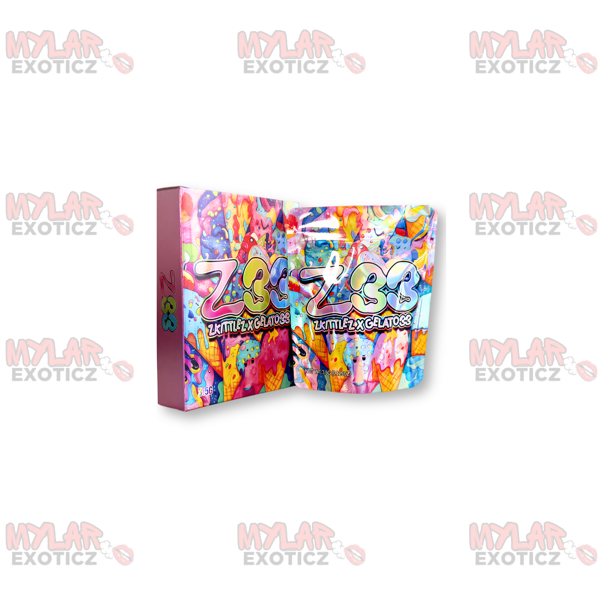 Z33 Zkittlez x Gelato33 Mylar Bags + Matching Boxes | 3.5g Exotic Resealable Storage Set