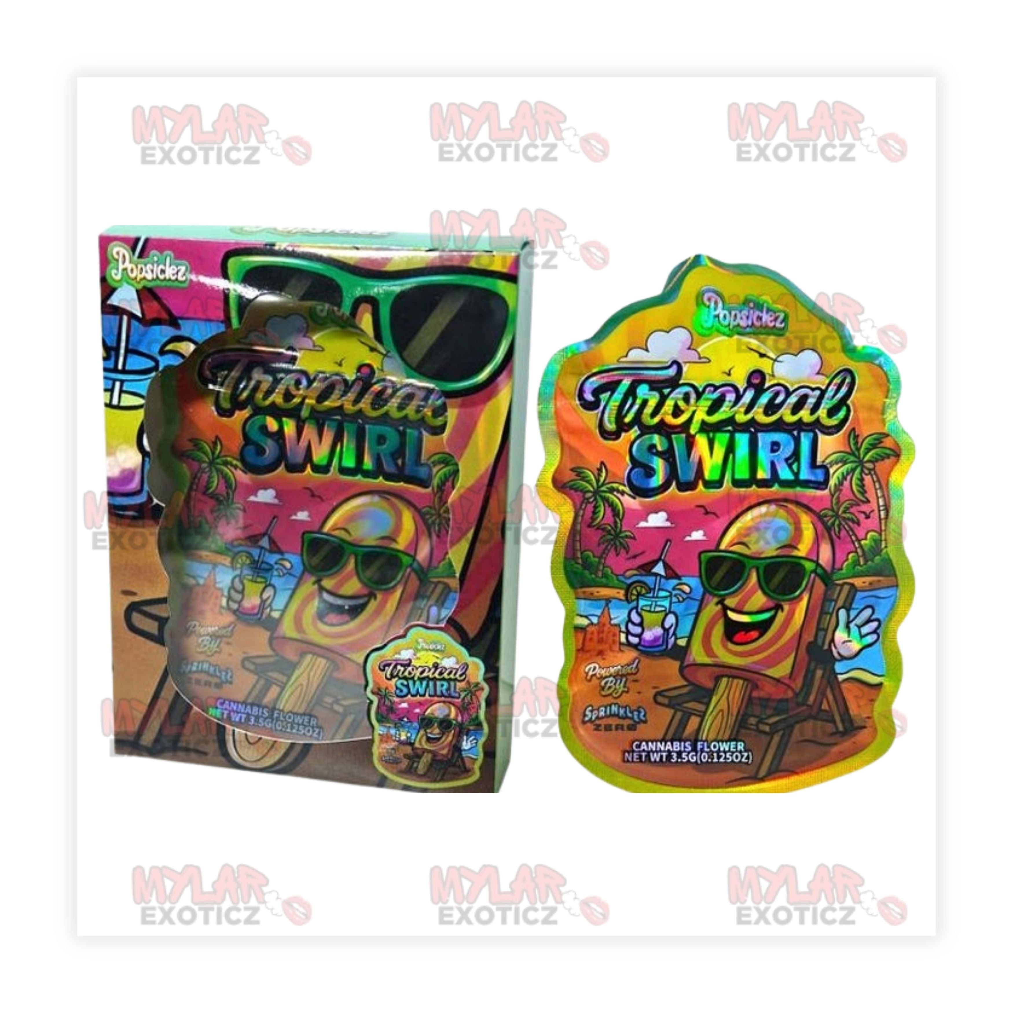 Popsiclez Tropical Swirl Mylar Bags + Matching Window Boxes | 3.5g Exotic Resealable Storage Set Mylar Exoticz