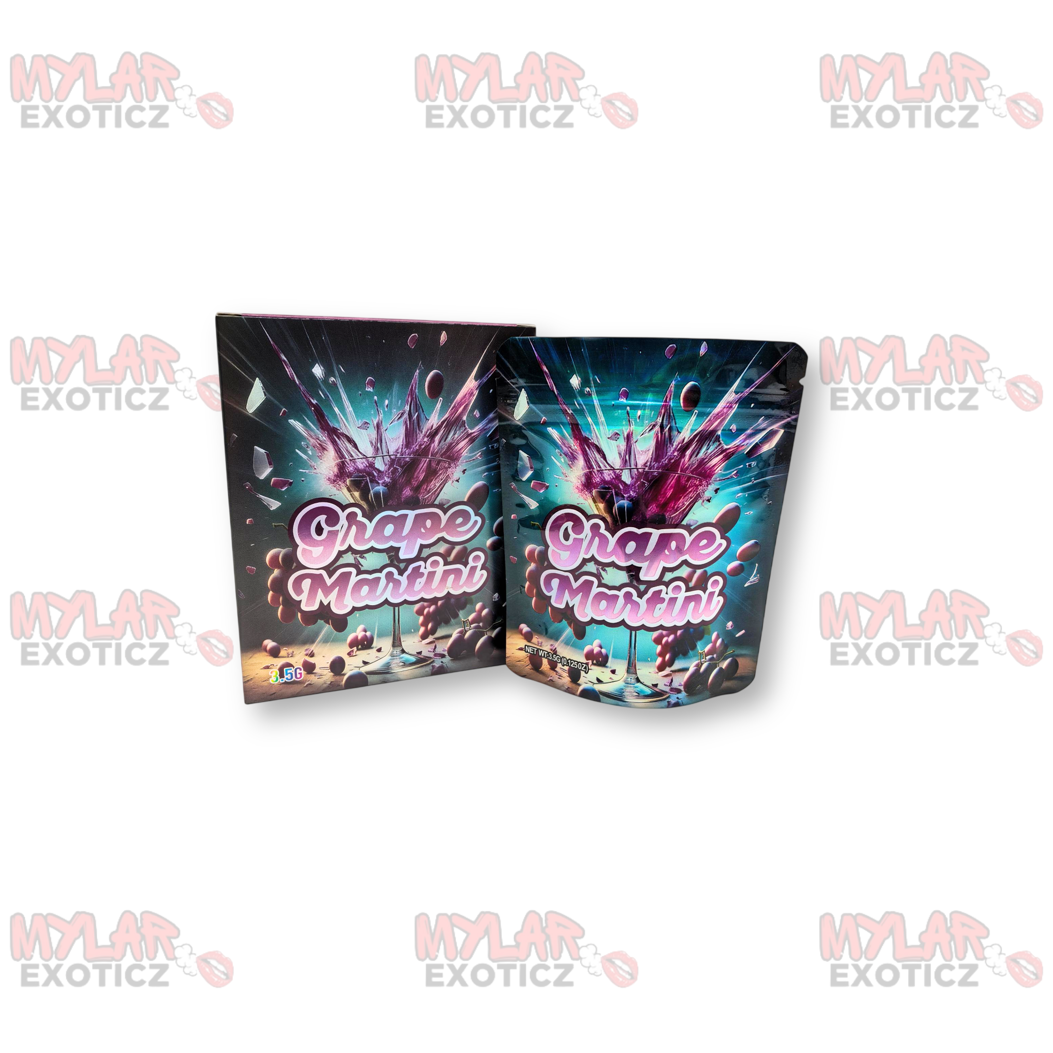 Grape Martini Mylar Bags + Matching Boxes | 3.5g Exotic Resealable Storage Set