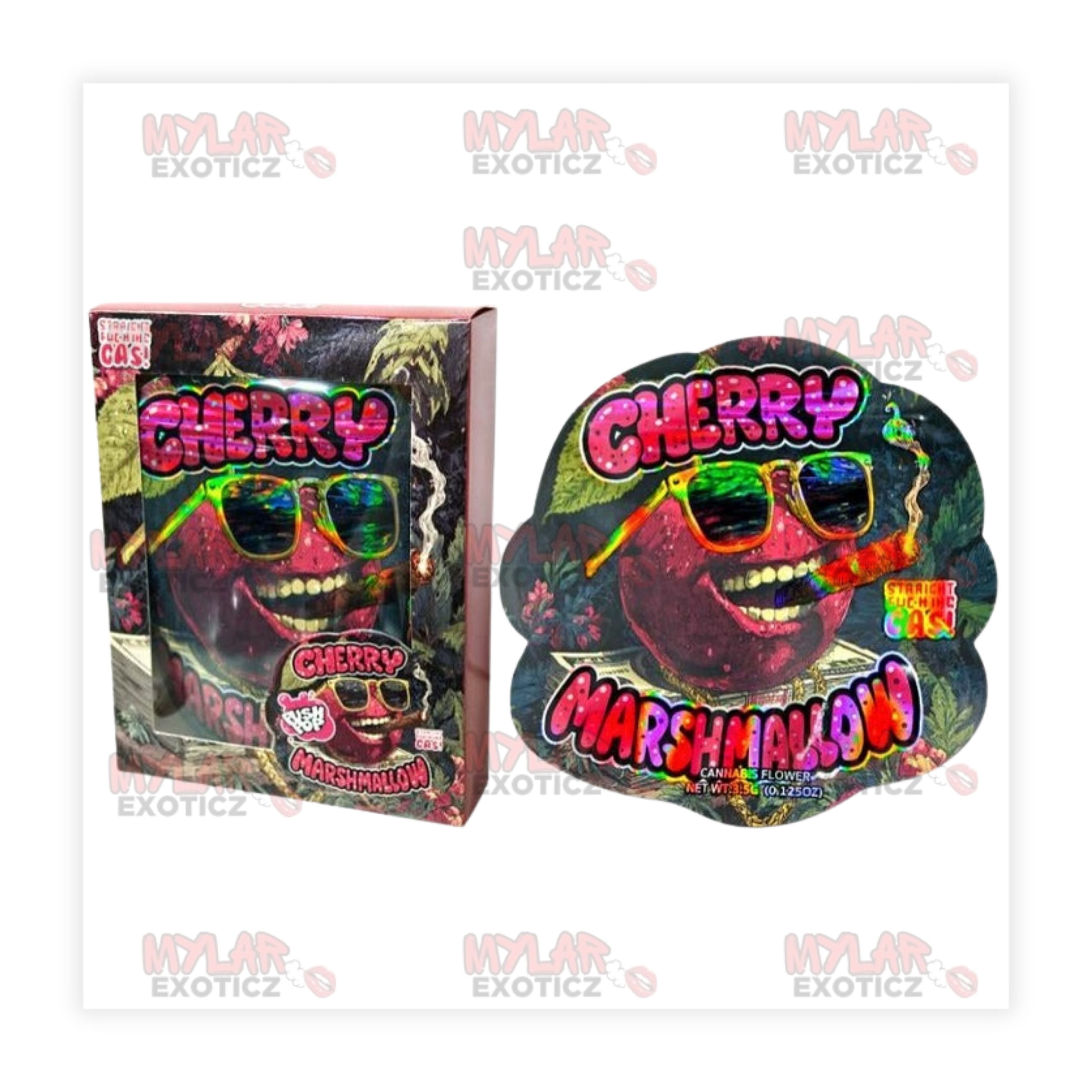 Cherry Marshmallow Mylar Bags + Matching Window Boxes | 3.5g Exotic Resealable Storage Set Mylar Exoticz