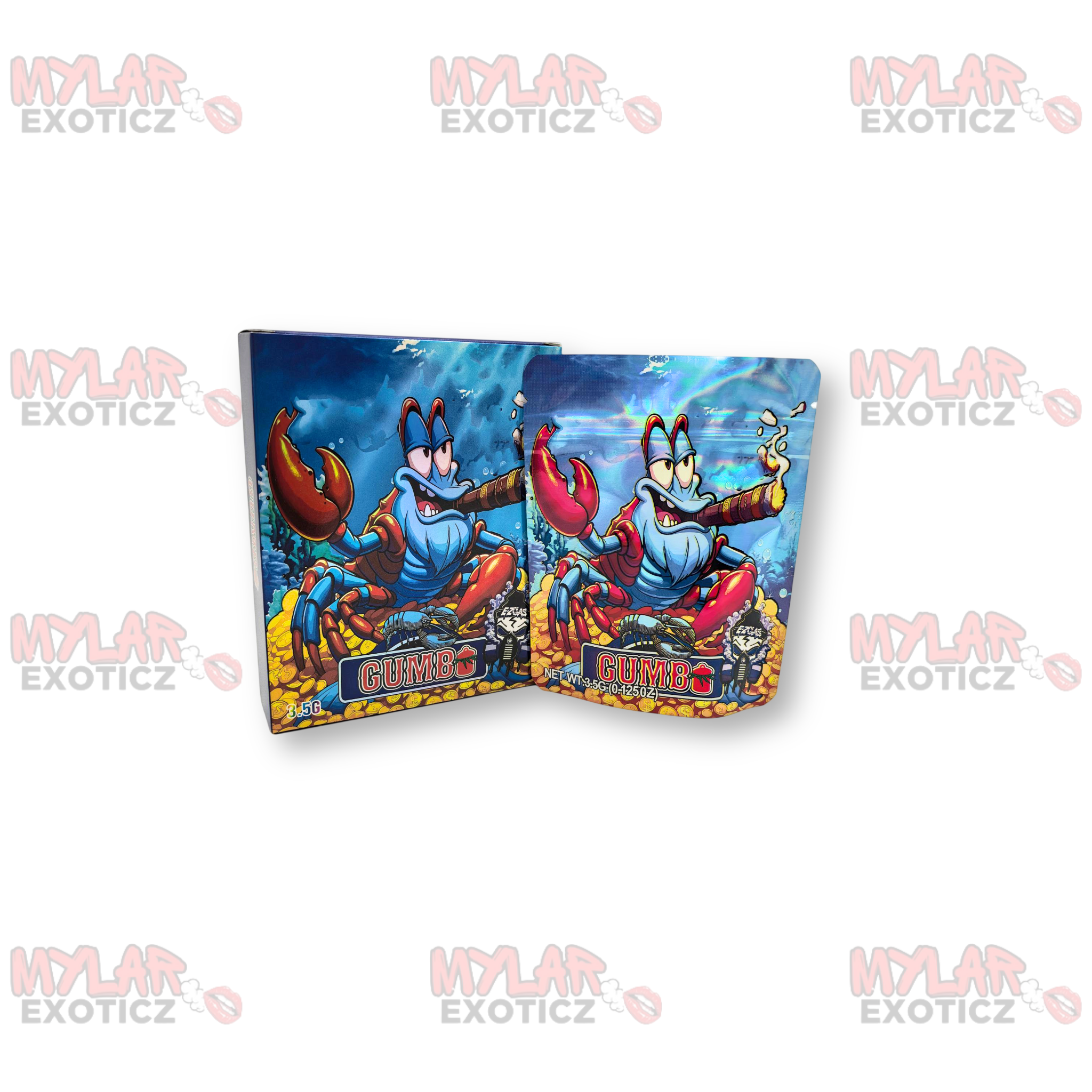 Gumbo Crab Mylar Bags + Matching Boxes | 3.5g Exotic Resealable Storage Set