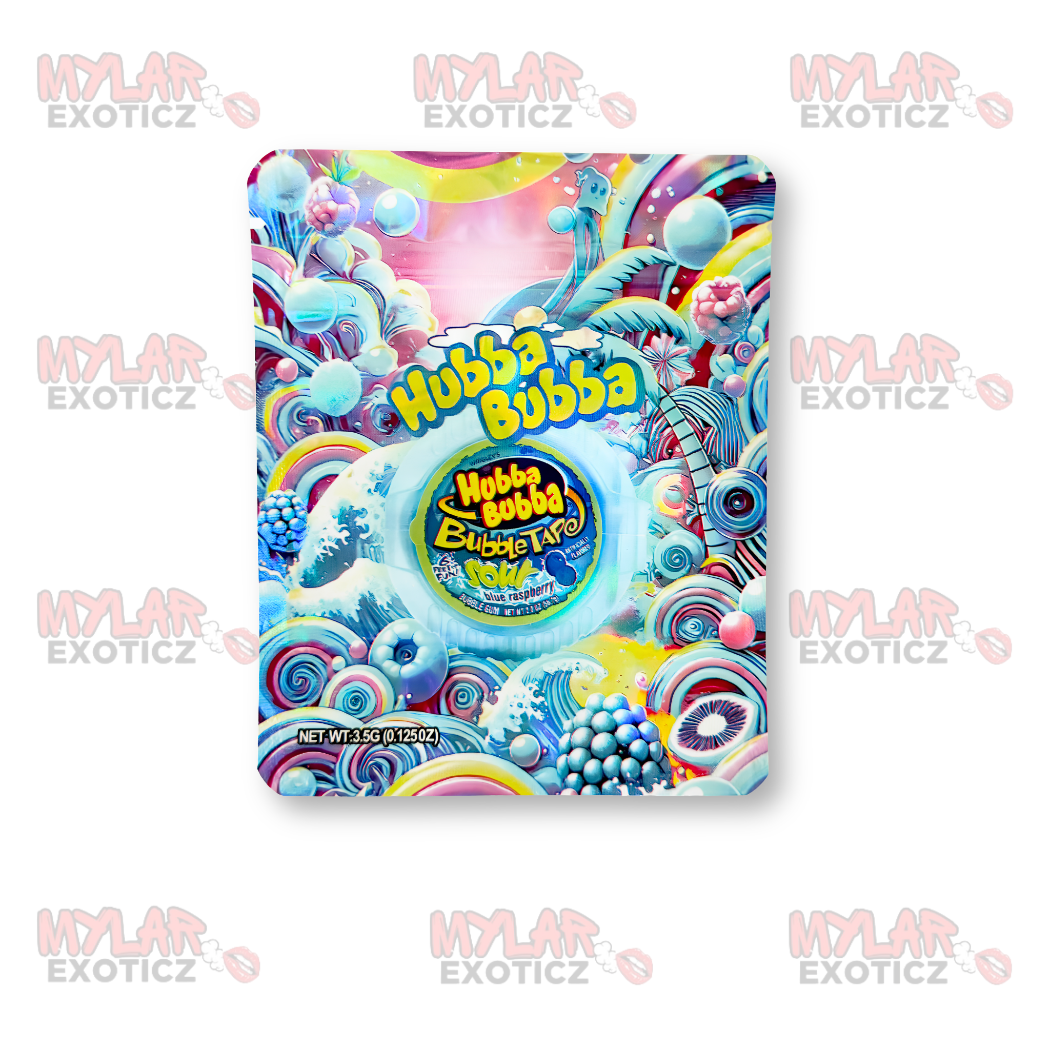 Hubba Bubba Bubble Tape Blue Raspberry Mylar Bags | 3.5g Exotic Resealable Storage Bags