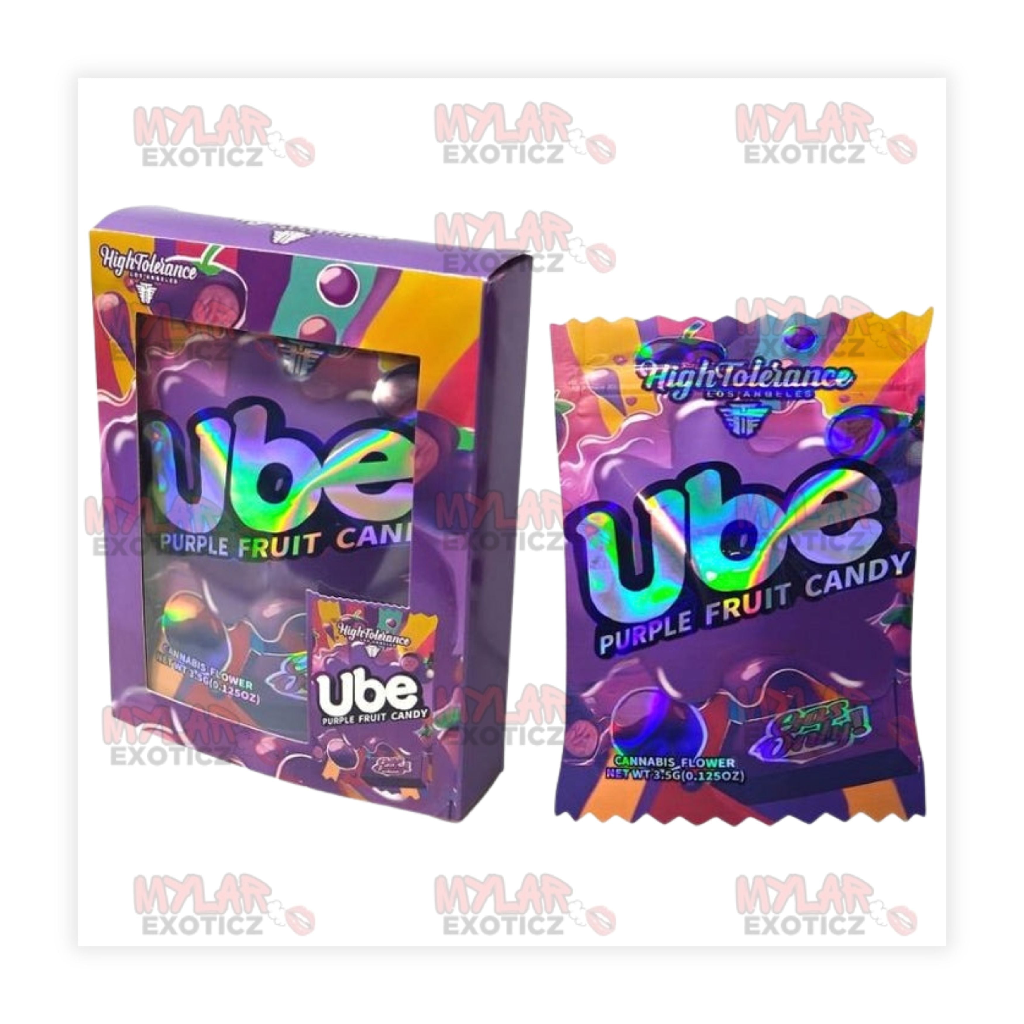 Ube Purple Fruit Candy Mylar Bags + Matching Window Boxes | 3.5g Exotic Resealable Storage Set Mylar Exoticz