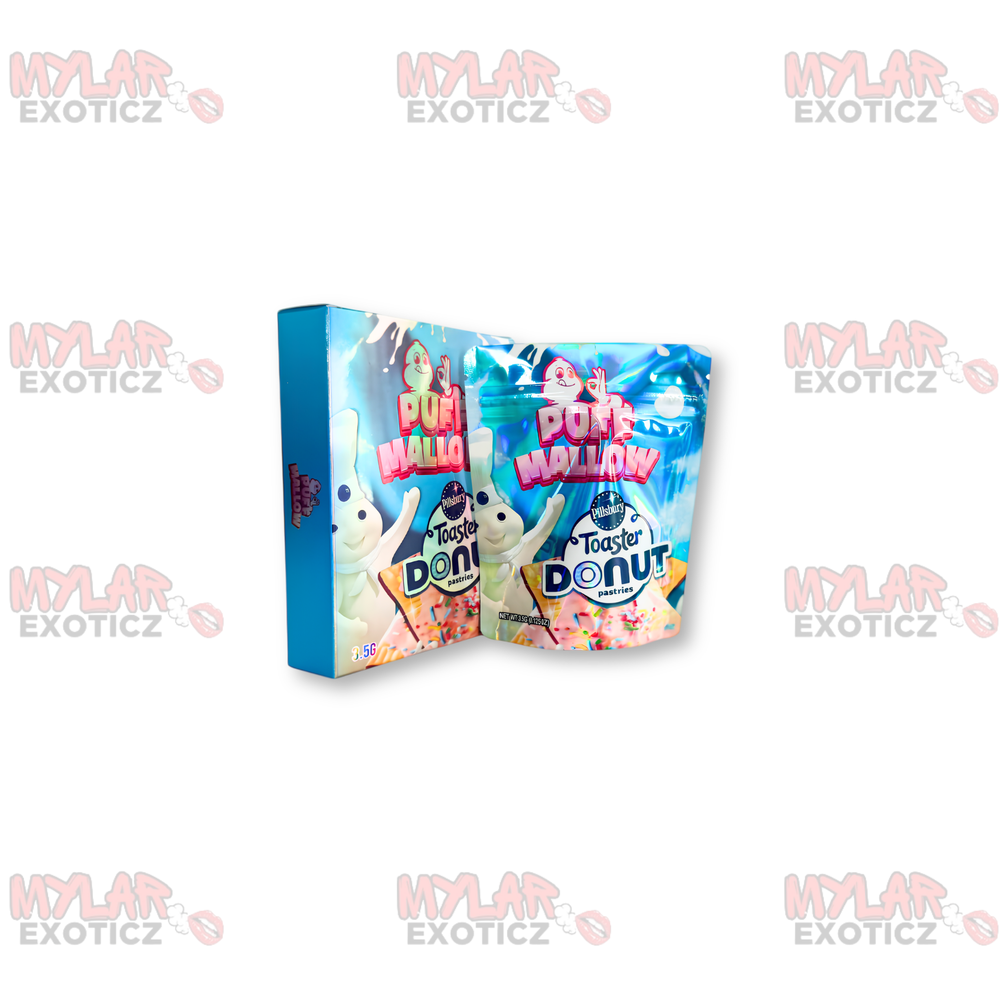 Puff Mallow Toaster Donut Mylar Bags + Matching Boxes | 3.5g Exotic Resealable Storage Set