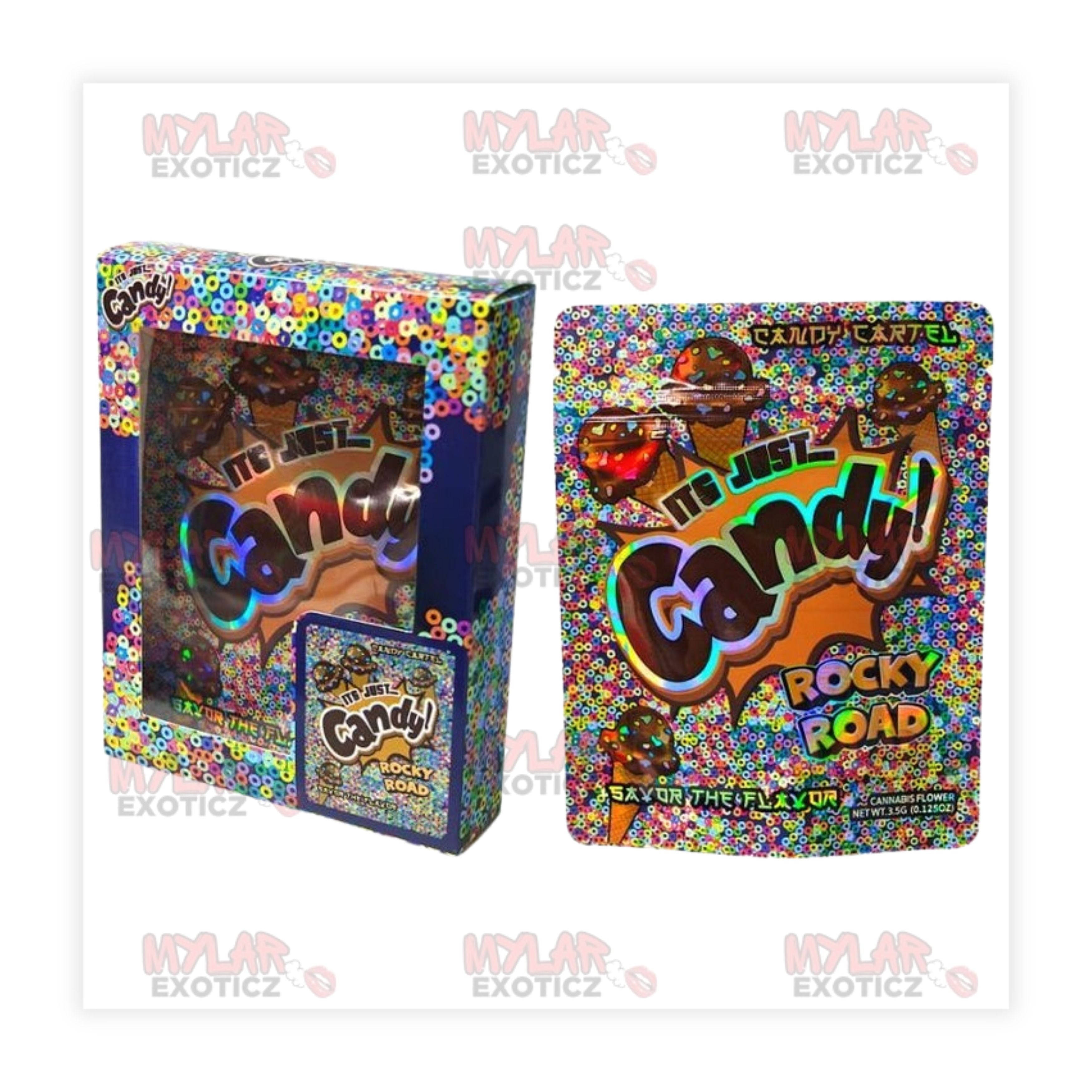 It’s Just Candy – Rocky Road Edition — Mylar Bags + Matching Window Boxes | 3.5g Exotic Resealable Storage Set Mylar Exoticz