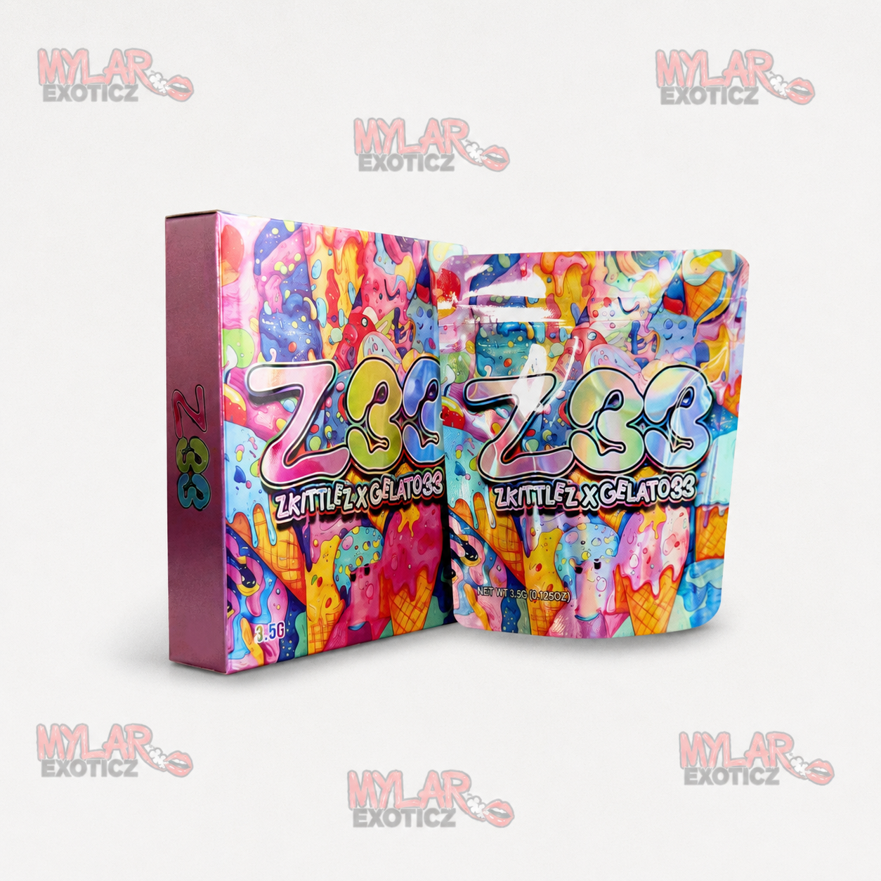 Z33 Zkittlez x Gelato33 Mylar Bags + Matching Boxes | 3.5g Exotic Resealable Storage Set