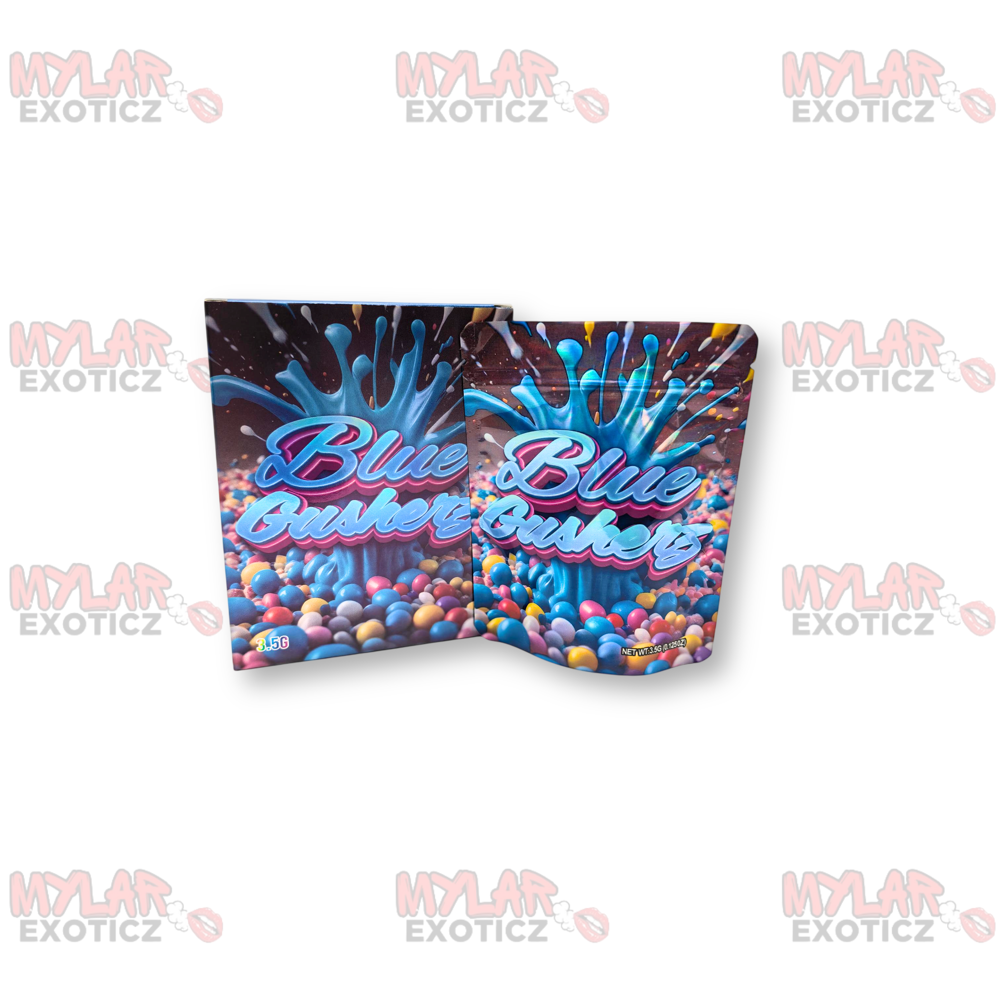 Blue Gushers Mylar Bags + Matching Boxes | 3.5g Exotic Resealable Storage Set