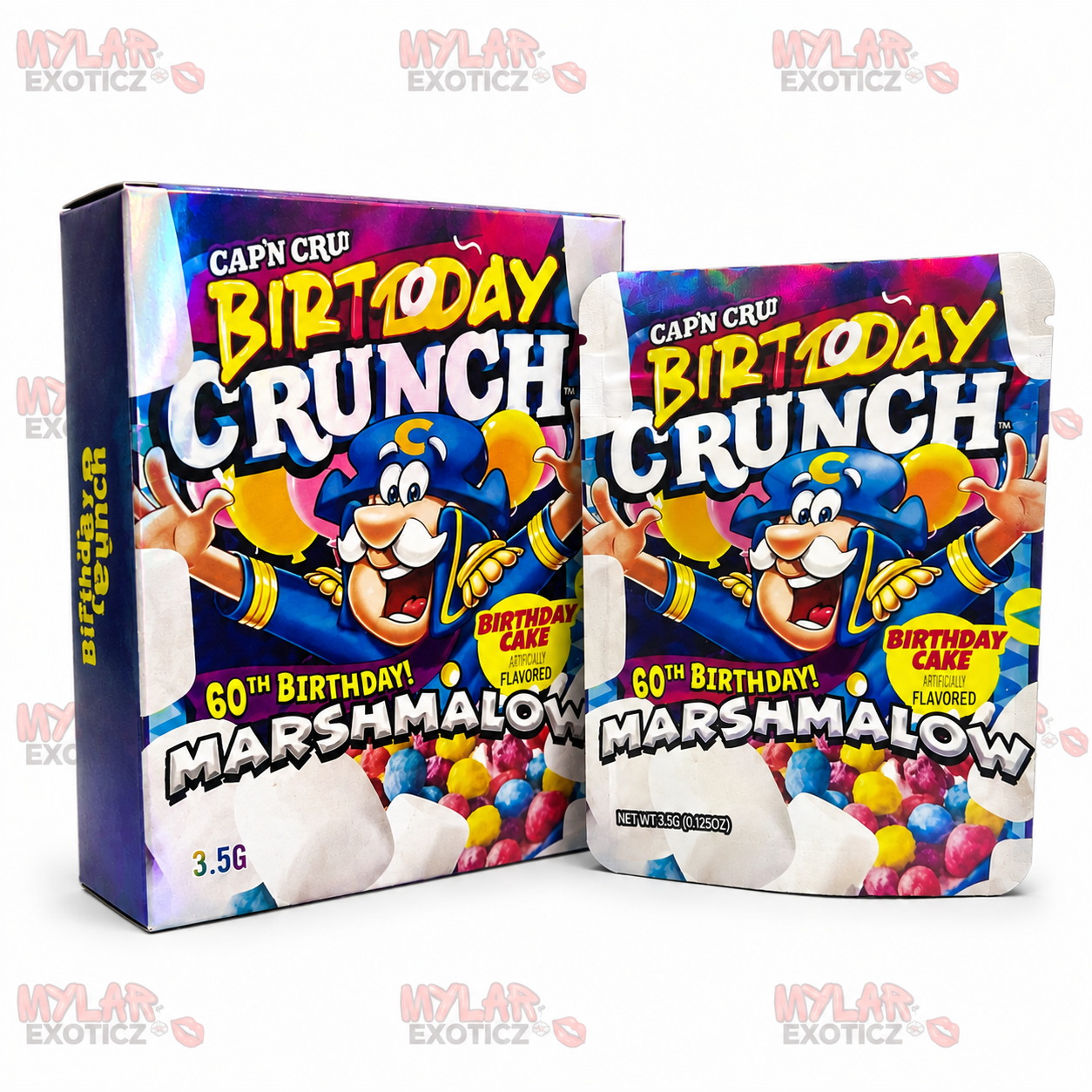 Birthday Crunch Marshmallow Cereal Mylar Bags + Matching Boxes | 3.5g Exotic Resealable Storage Set