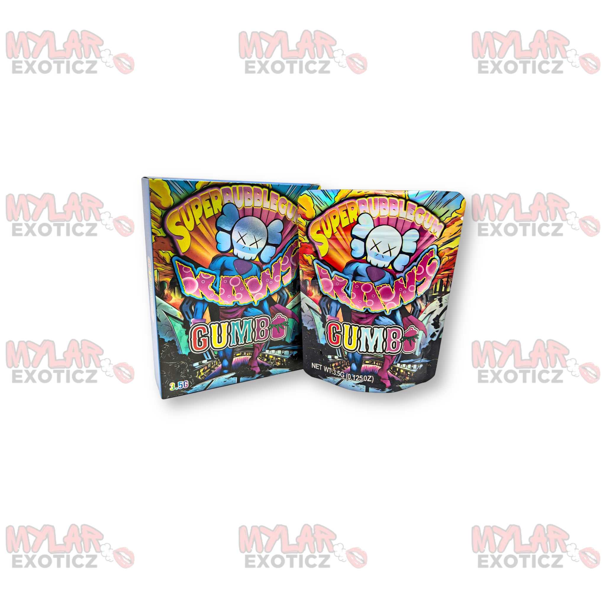 Super Bubblegum KAWS Gumbo Mylar Bags + Matching Boxes | 3.5g Exotic Resealable Storage Set