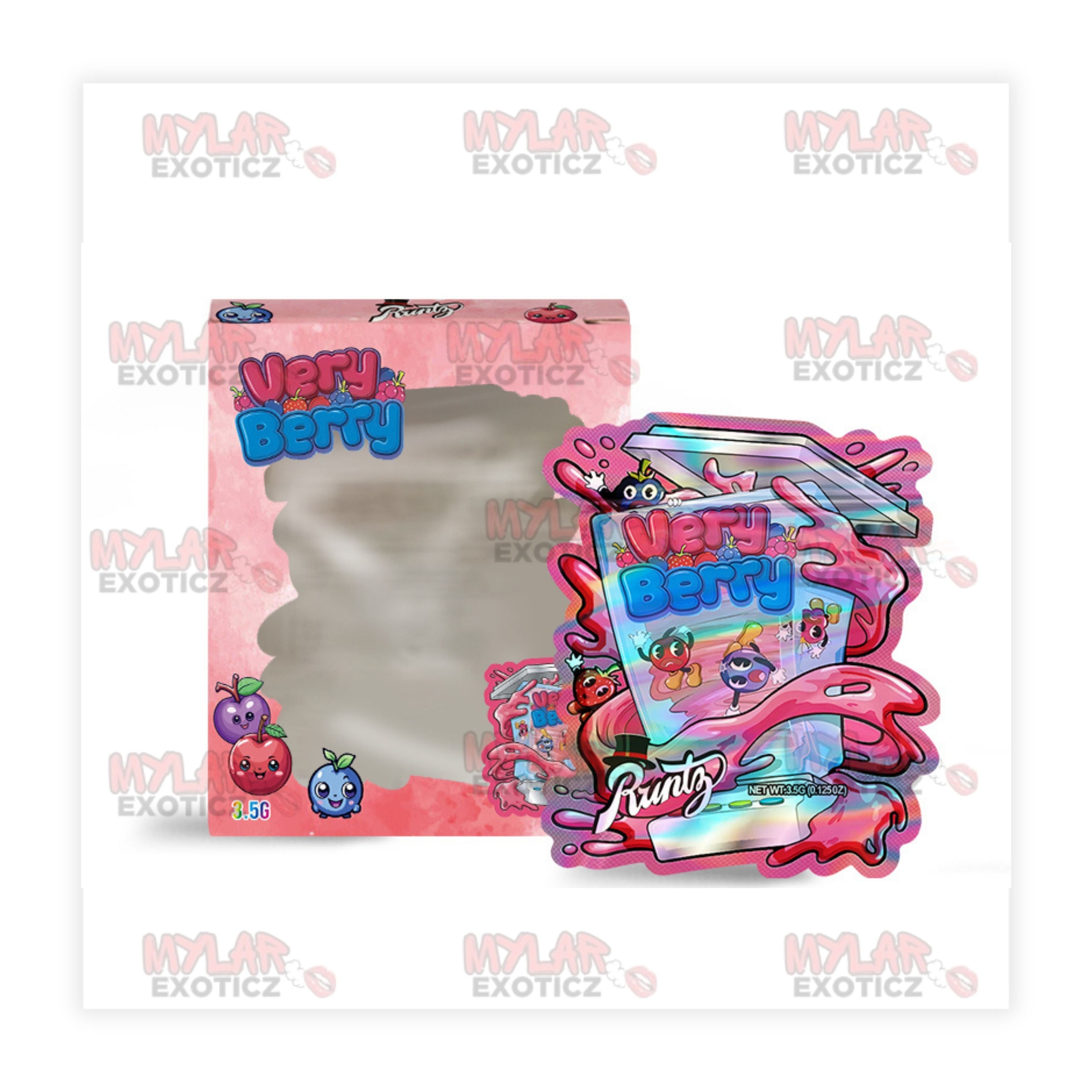 Very Berry Mylar Bags + Matching Window Boxes | 3.5g Exotic Resealable Storage Set Mylar Exoticz