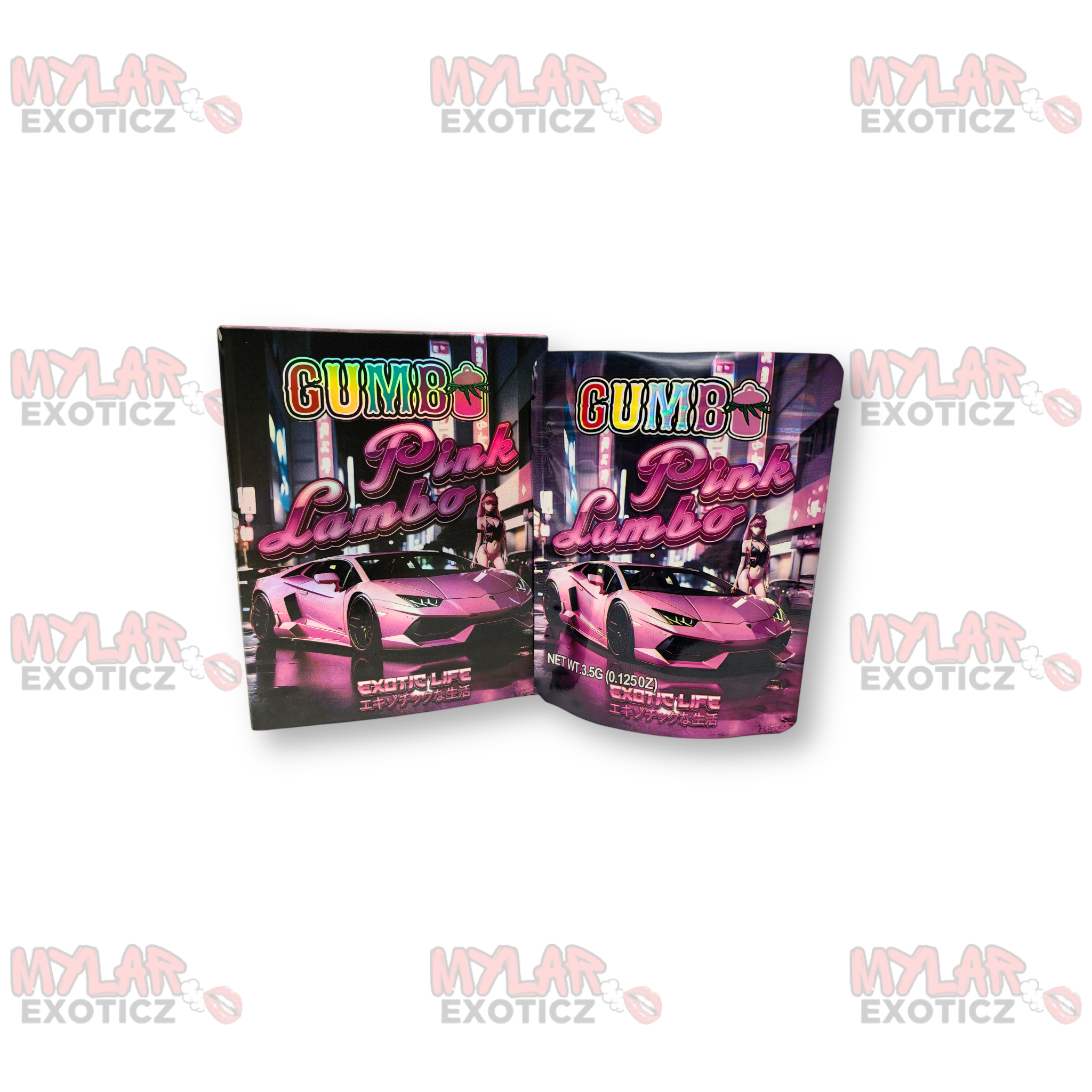 Pink Lambo Gumbo Mylar Bags + Matching Boxes | 3.5g Exotic Resealable Storage Set