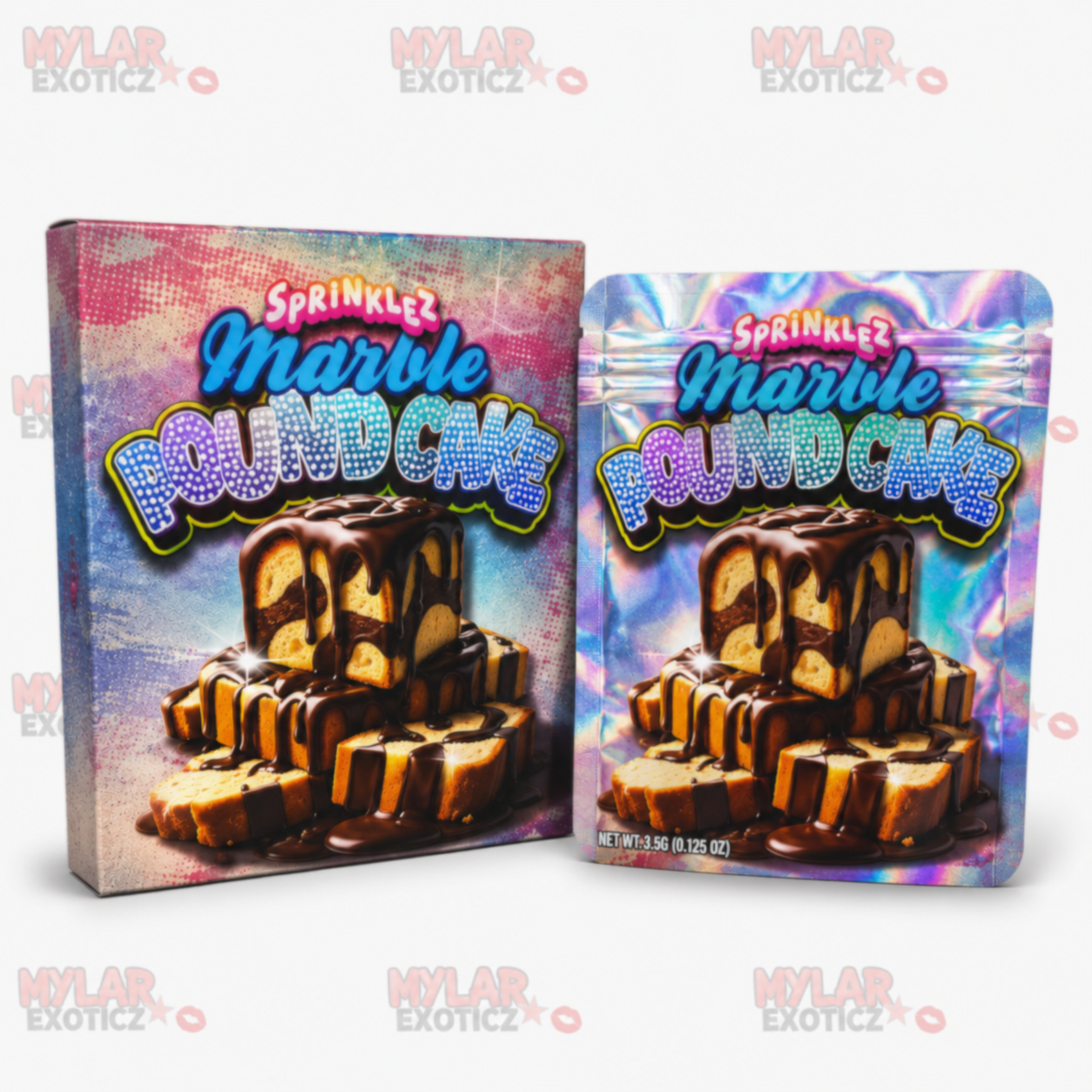 Sprinklez Marble Pound Cake Mylar Bags + Matching Boxes | 3.5g Exotic Resealable Storage Set