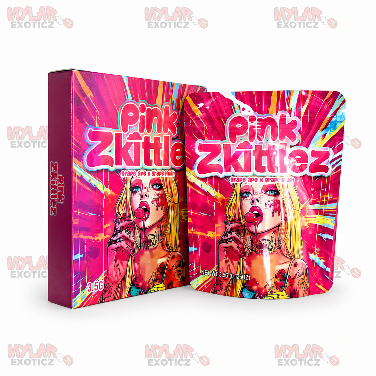 Pink Zkittlez Mylar Bags + Matching Boxes | 3.5g Exotic Resealable Storage Set