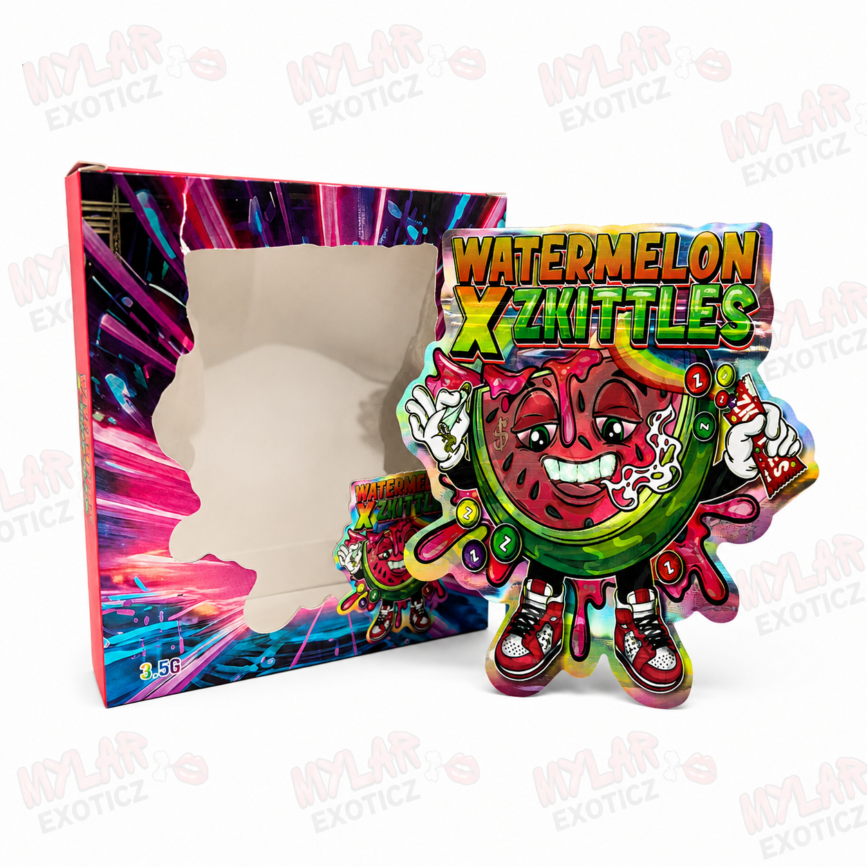 Watermelon x Zkittles Mylar Bags + Matching Window Boxes | 3.5g Exotic Resealable Storage Set
