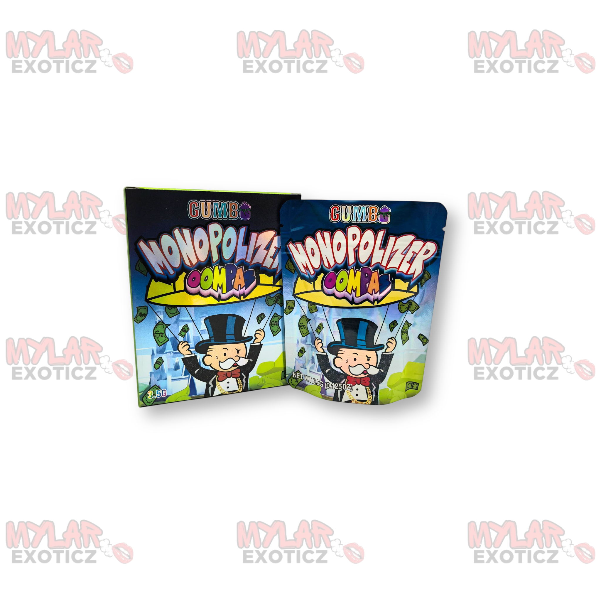 Monopolizer Oompa Gumbo Mylar Bags + Matching Boxes | 3.5g Exotic Resealable Storage Set
