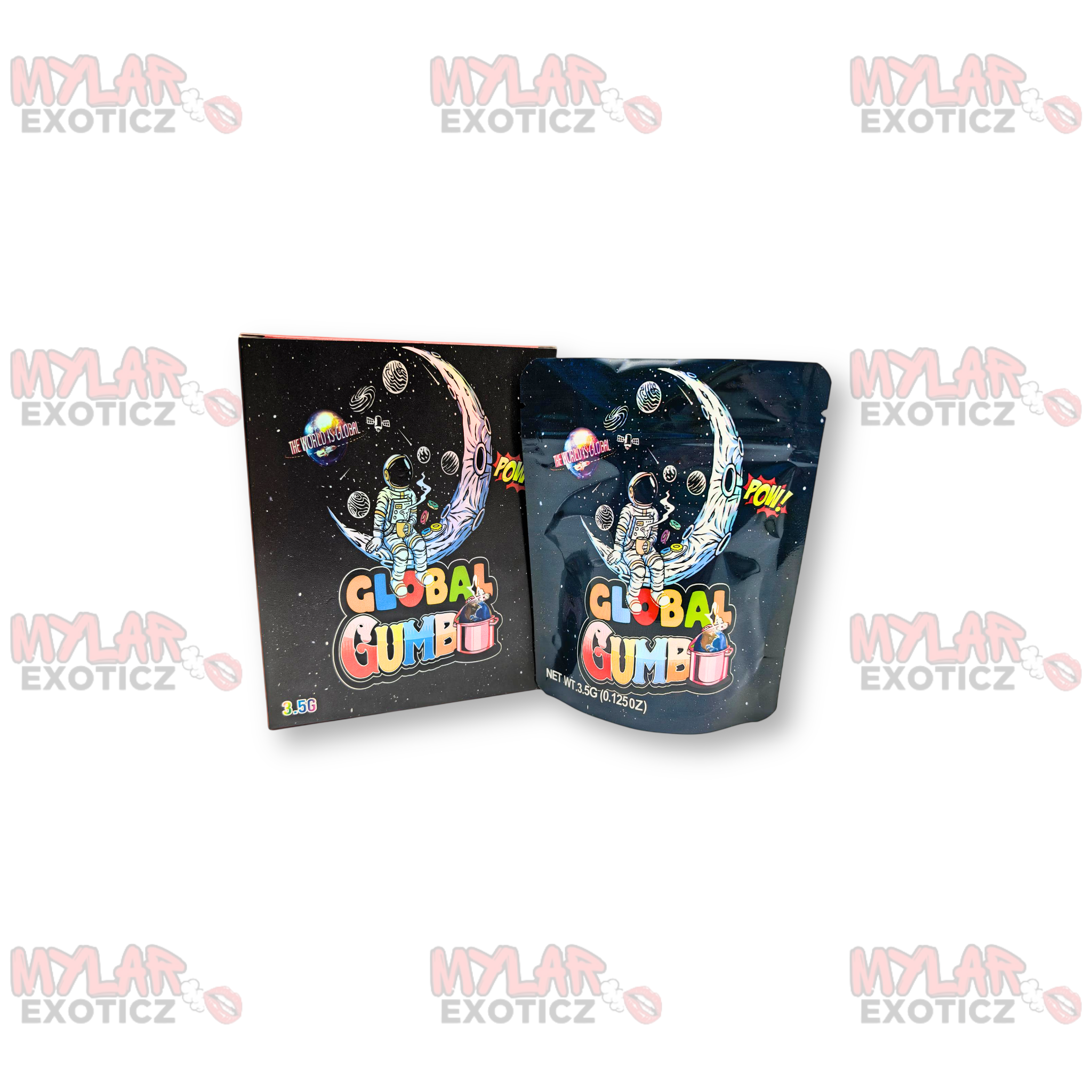 Global Gumbo Mylar Bags + Matching Boxes | 3.5g Exotic Resealable Storage Set