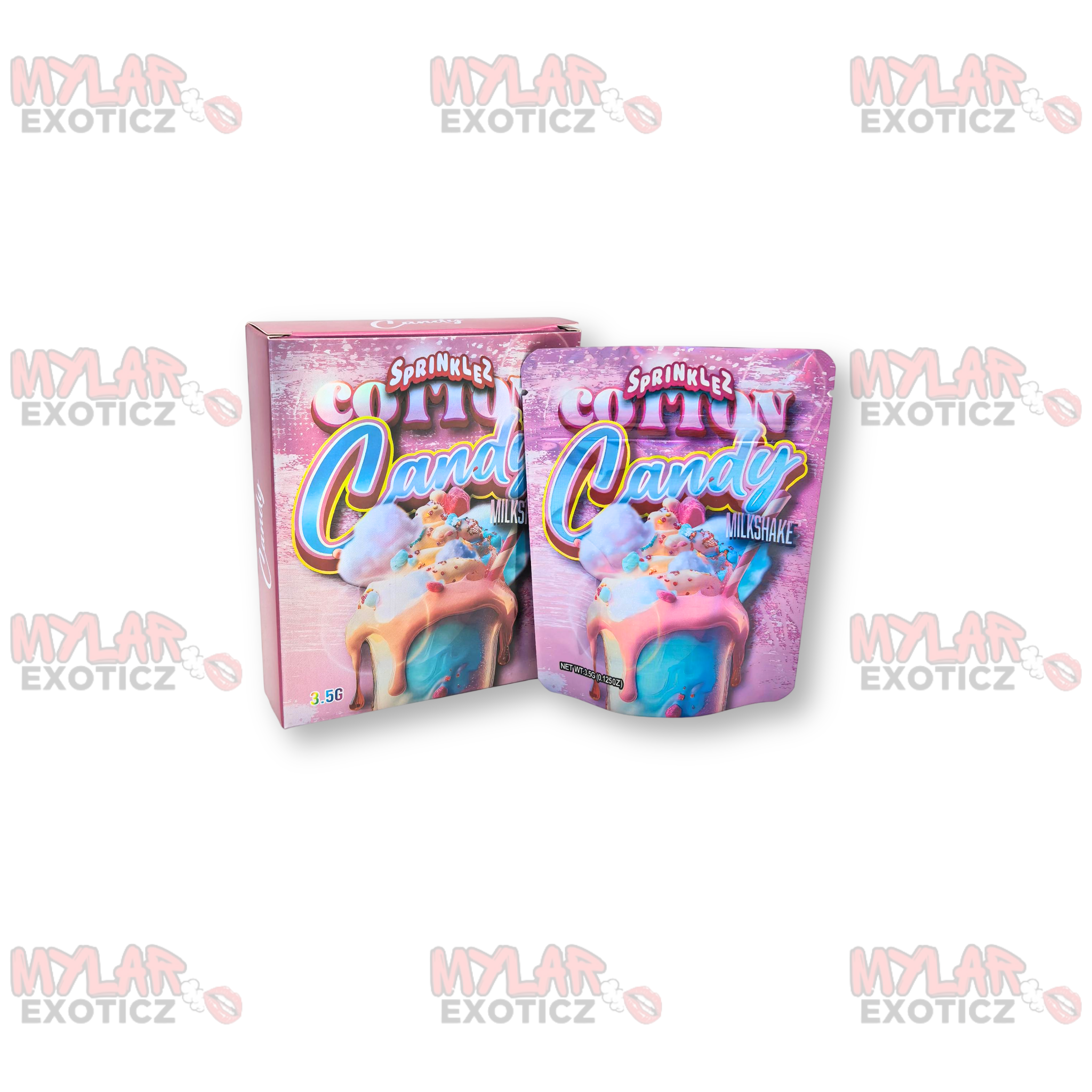 Sprinklez Cotton Candy Milkshake Mylar Bags + Matching Boxes | 3.5g Exotic Resealable Storage Set