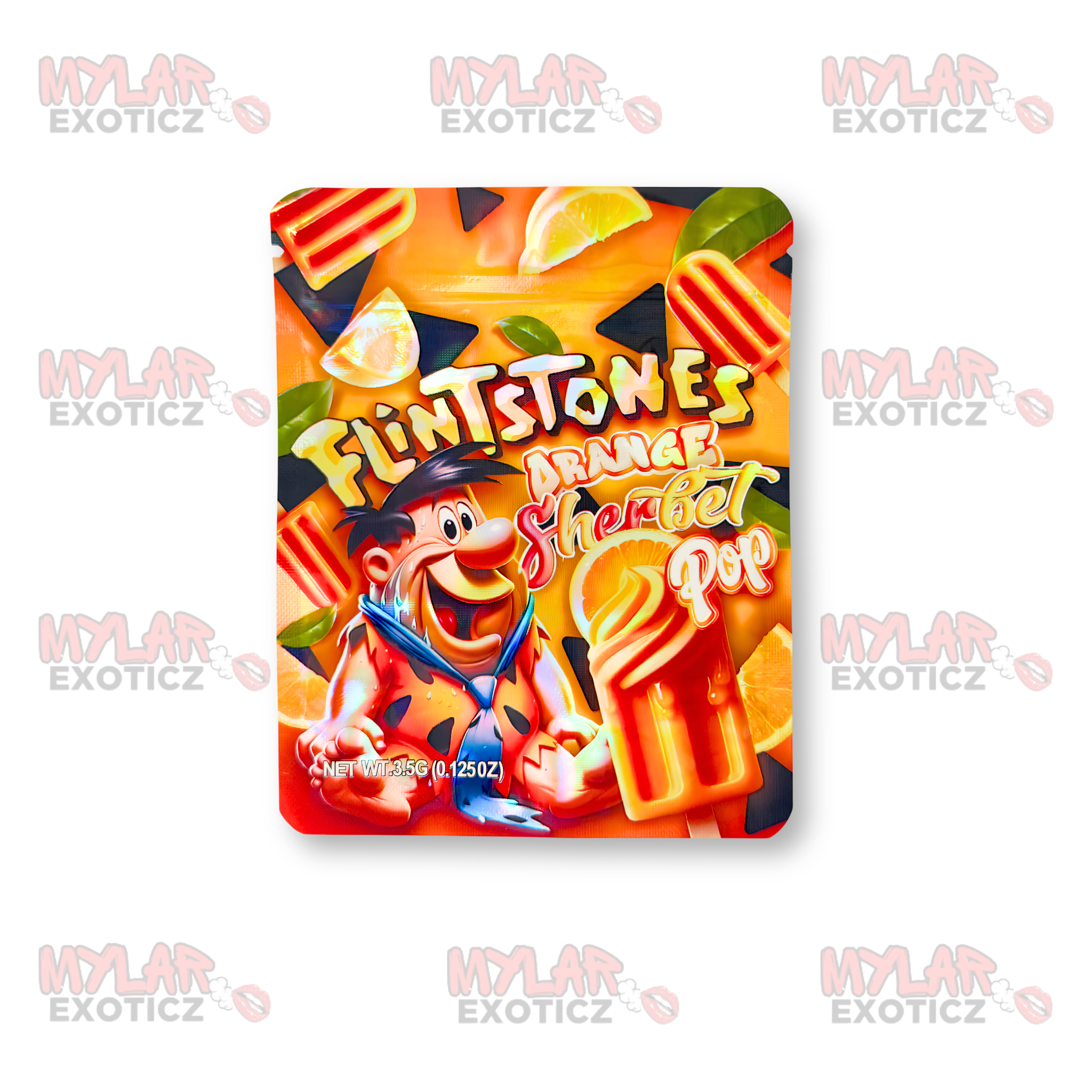 Flintstones Orange Sherbet Pop Mylar Bags | 3.5g Exotic Resealable Storage Bags