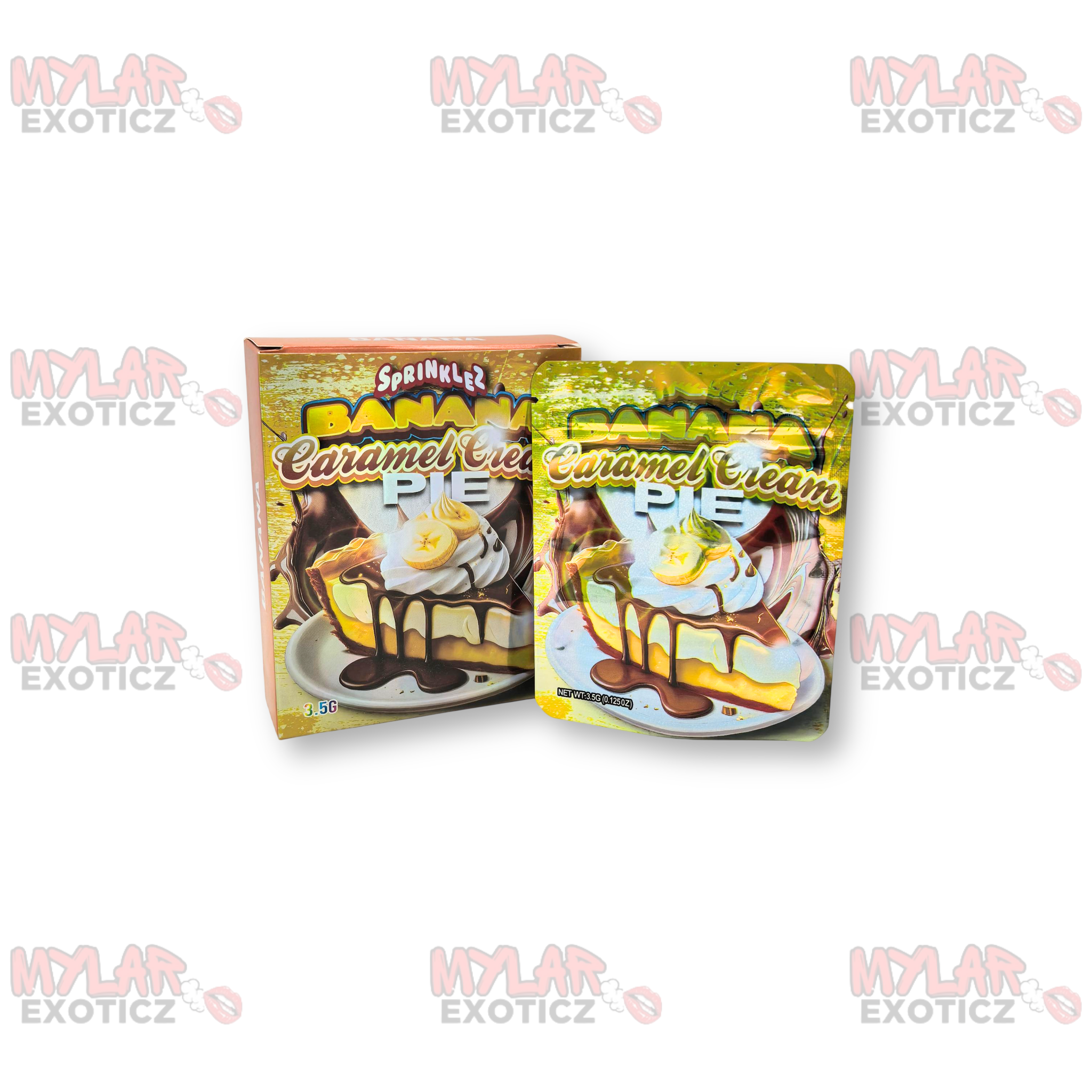 Sprinklez Banana Caramel Cream Pie Mylar Bags + Matching Boxes | 3.5g Exotic Resealable Storage Set