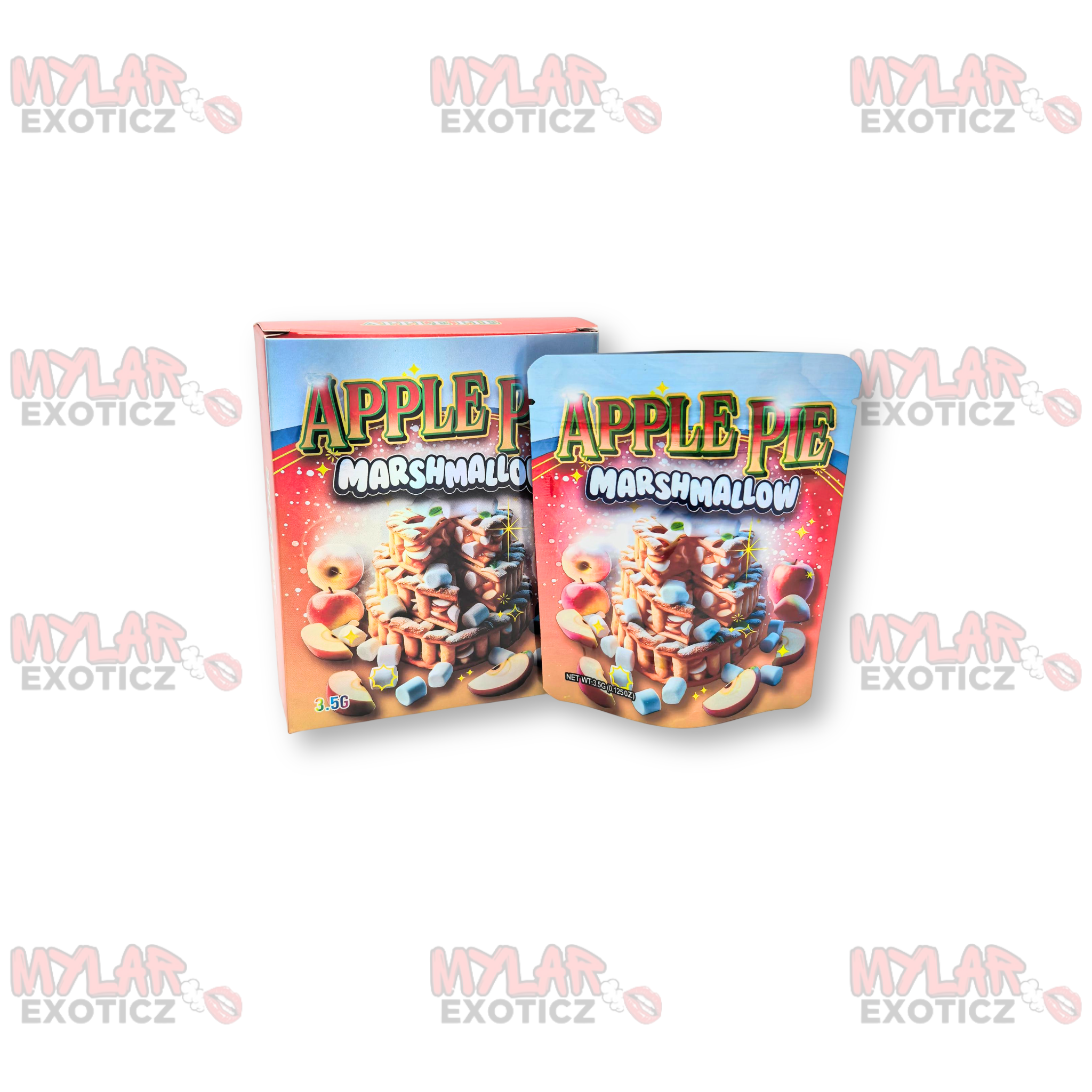 Sprinklez Apple Pie Marshmallow Mylar Bags + Matching Boxes | 3.5g Exotic Resealable Storage Set