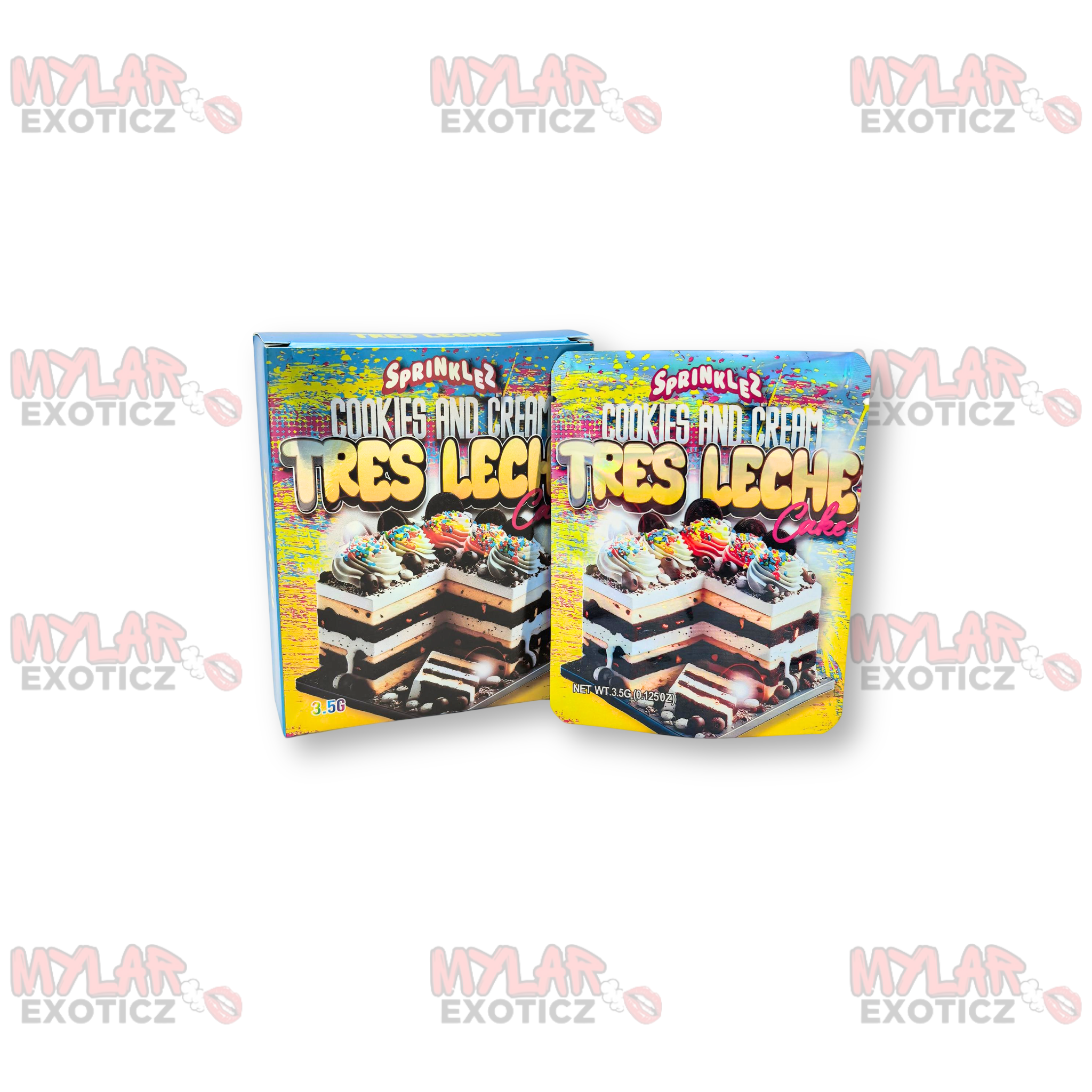 Sprinklez Cookies & Cream Tres Leche Cake Mylar Bags + Matching Boxes | 3.5g Exotic Resealable Storage Set