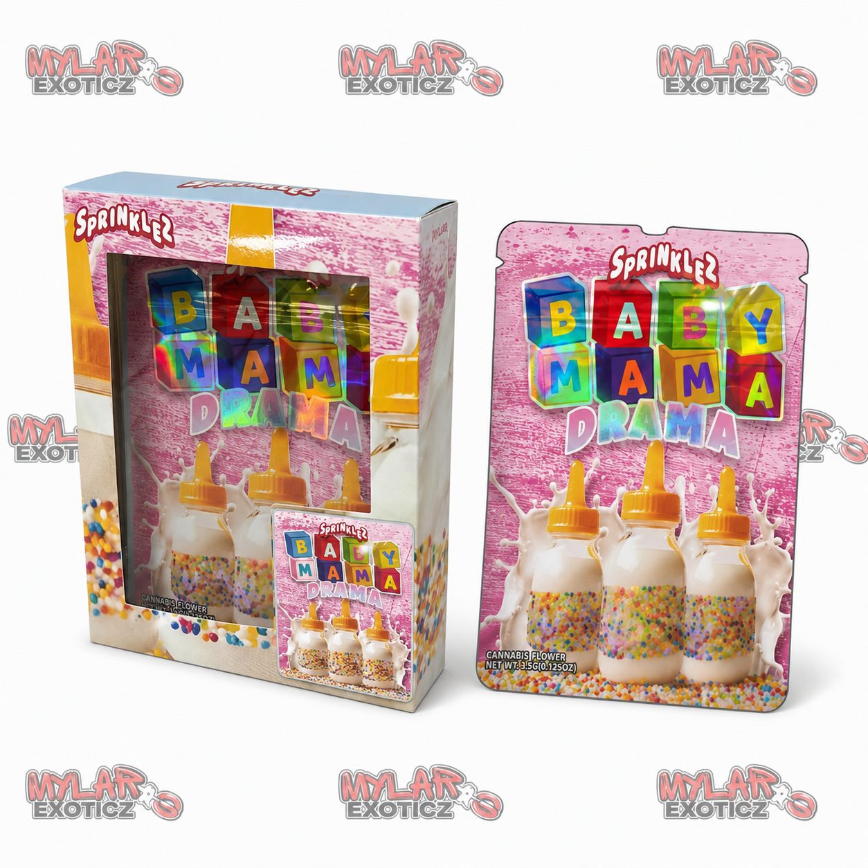 Sprinklez Baby Mama Drama Mylar Bags + Matching Window Boxes | 3.5g Exotic Resealable Storage Set