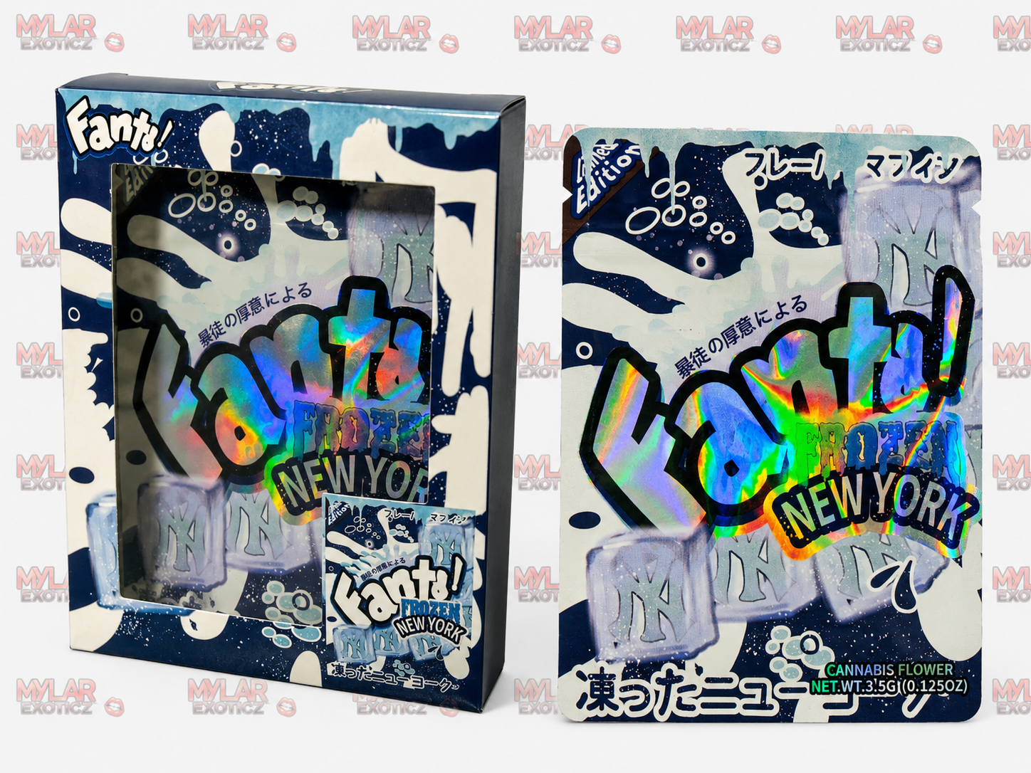 Fanta Frozen New York Mylar Bags + Matching Window Boxes | 3.5g Exotic Resealable Storage Set