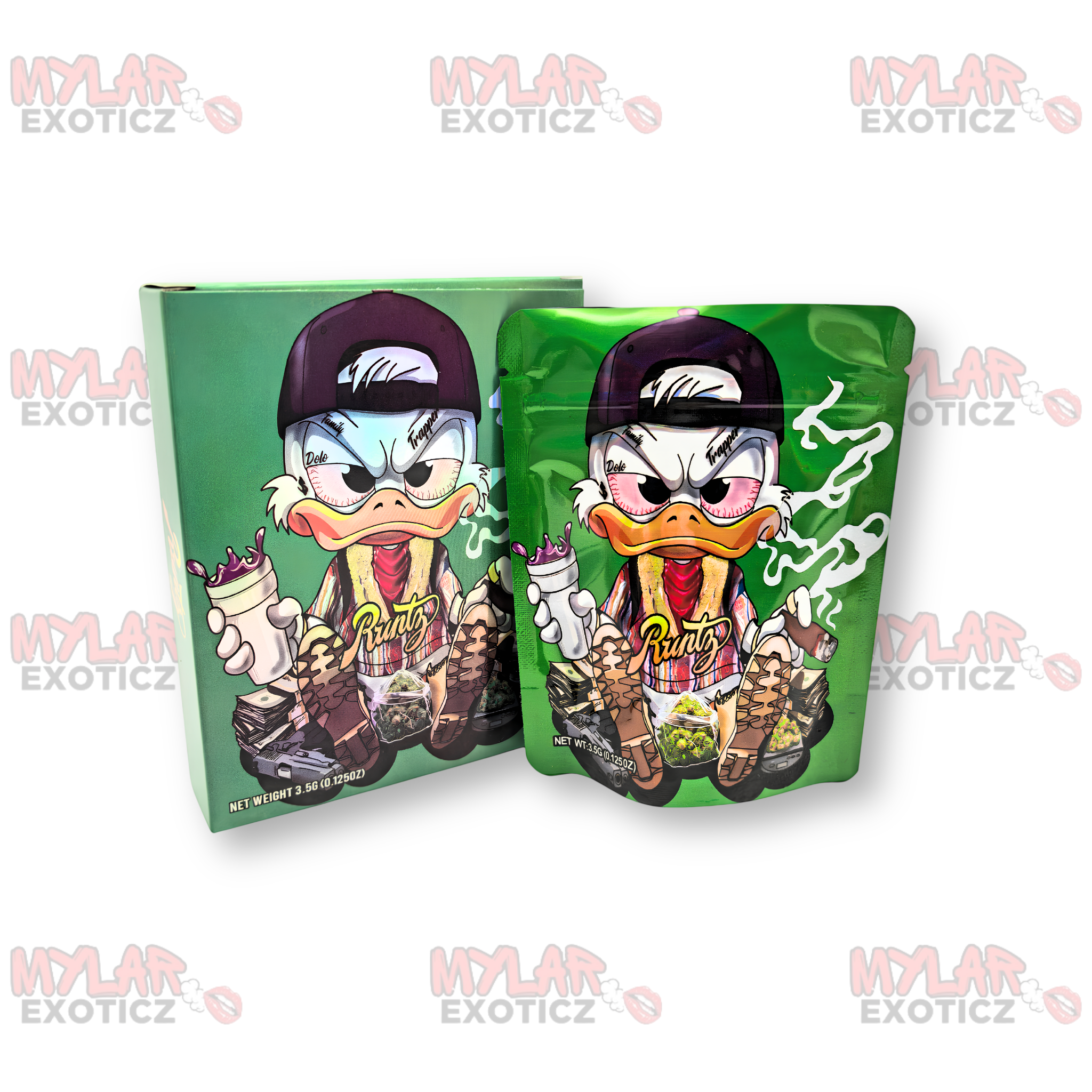 Donald Trapper Mylar Bags + Matching Boxes | 3.5g Exotic Resealable Storage Set