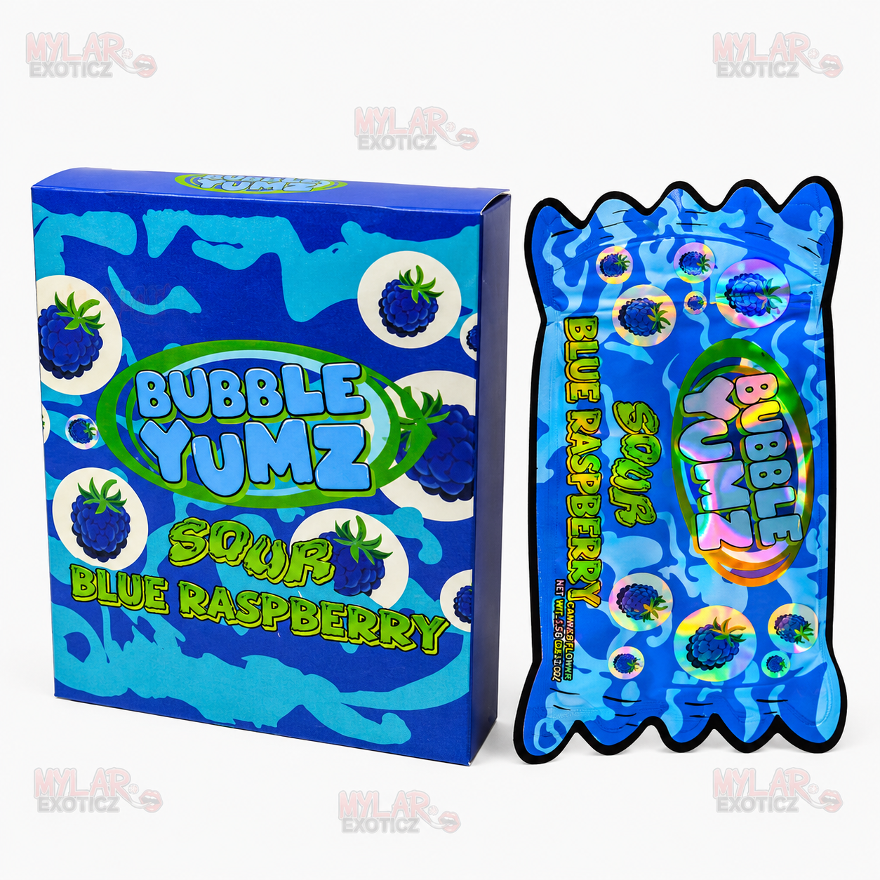 Bubble Yums Sour Blue Raspberry Matte Mylar Bags + Matching Boxes | 3.5g Exotic Resealable Storage Set