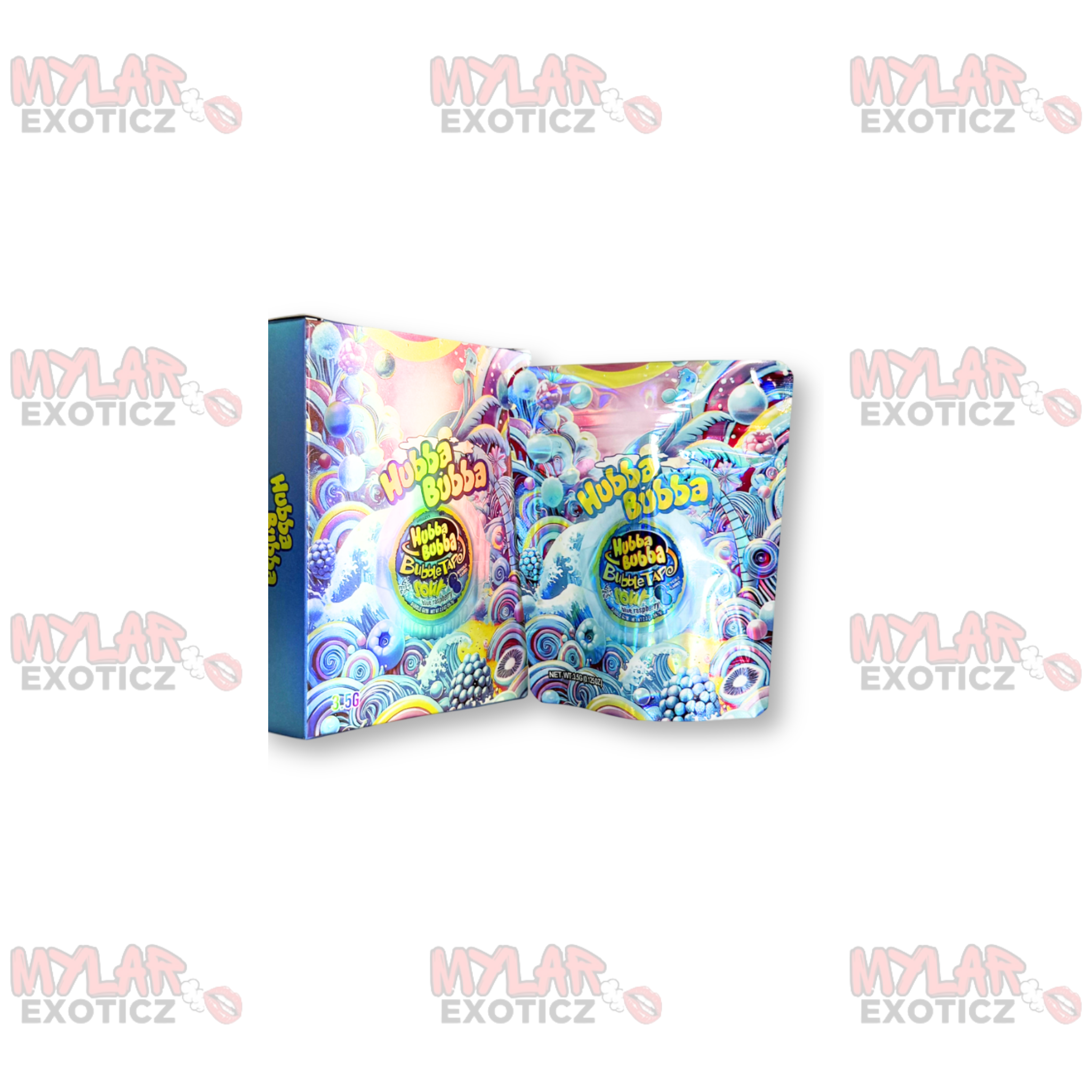 Hubba Bubba Bubble Tape Sour Blue Raspberry Mylar Bags + Matching Boxes | 3.5g Exotic Resealable Storage Set