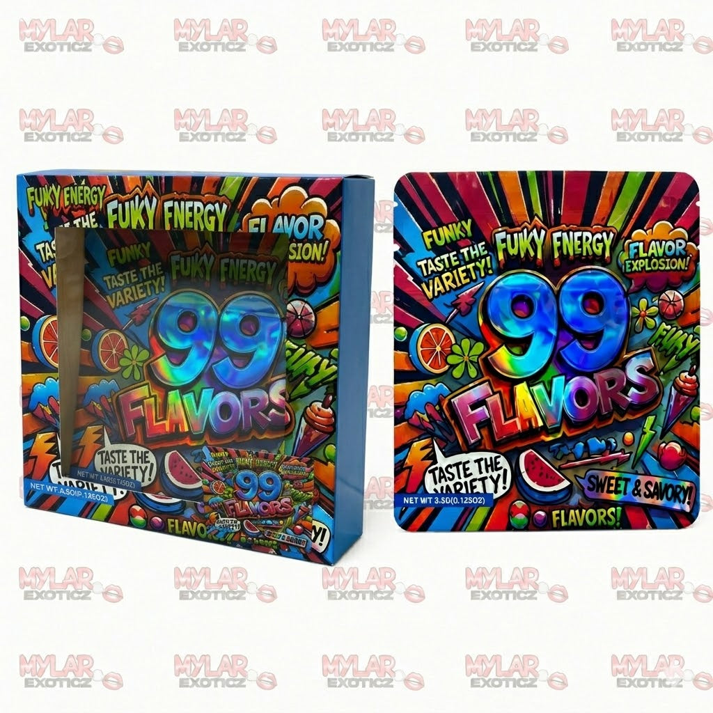 99 Flavors Mylar Bags + Matching Window Boxes | 3.5g Exotic Resealable Storage Set