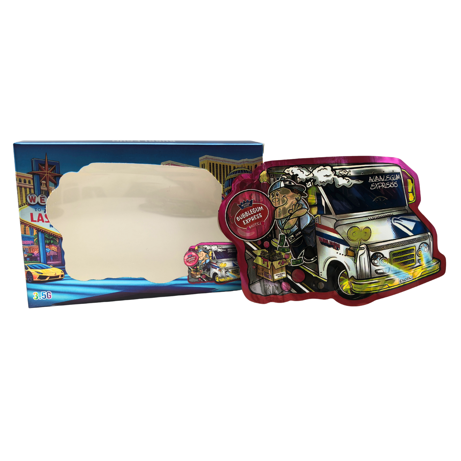 Bubble Gum Express Mylar Bags + Matching Window Boxes | 3.5g Exotic Resealable Storage Set