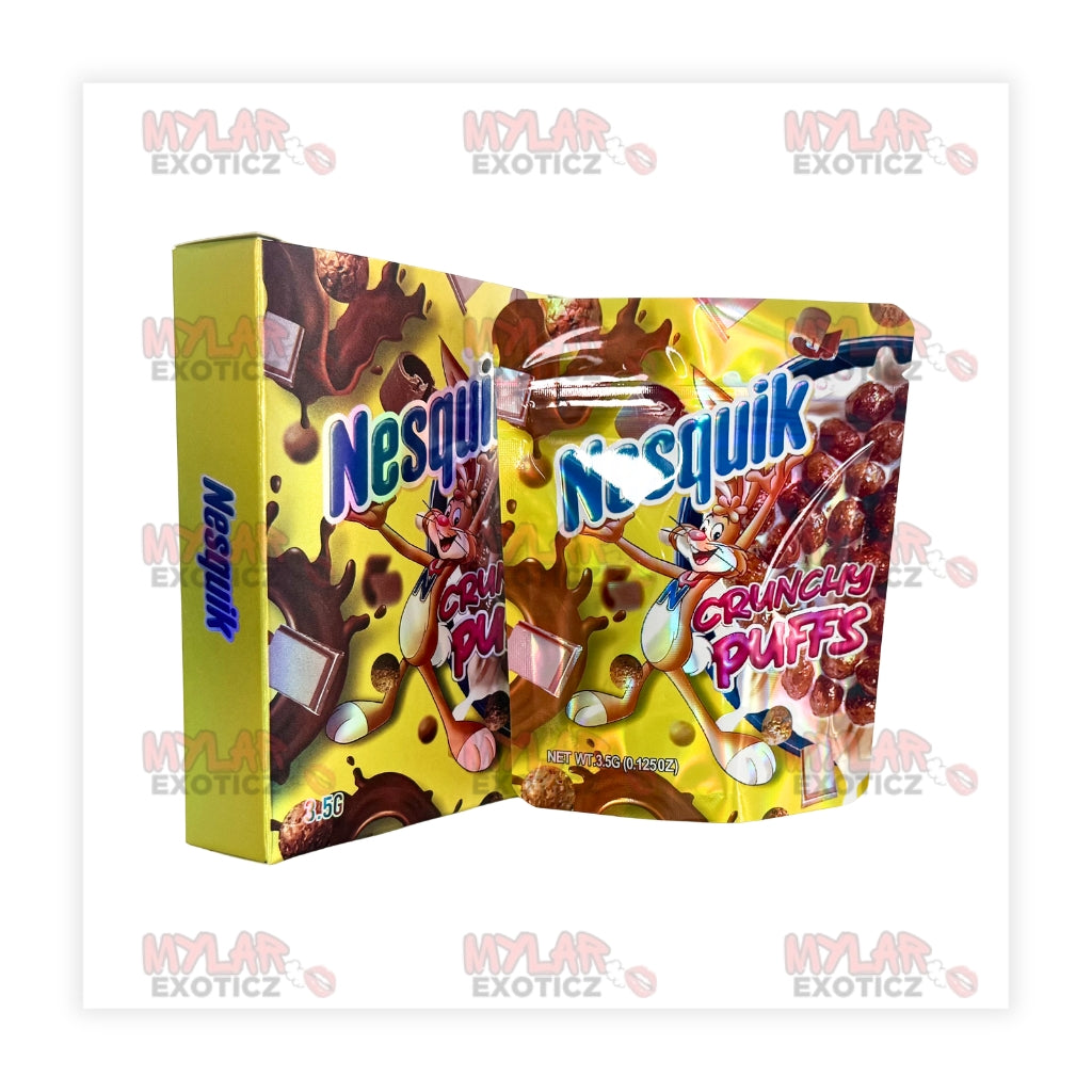 Chocolate Crunch Puffs Mylar Bags + Matching Boxes | 3.5g Exotic Resealable Storage Set Mylar Exoticz