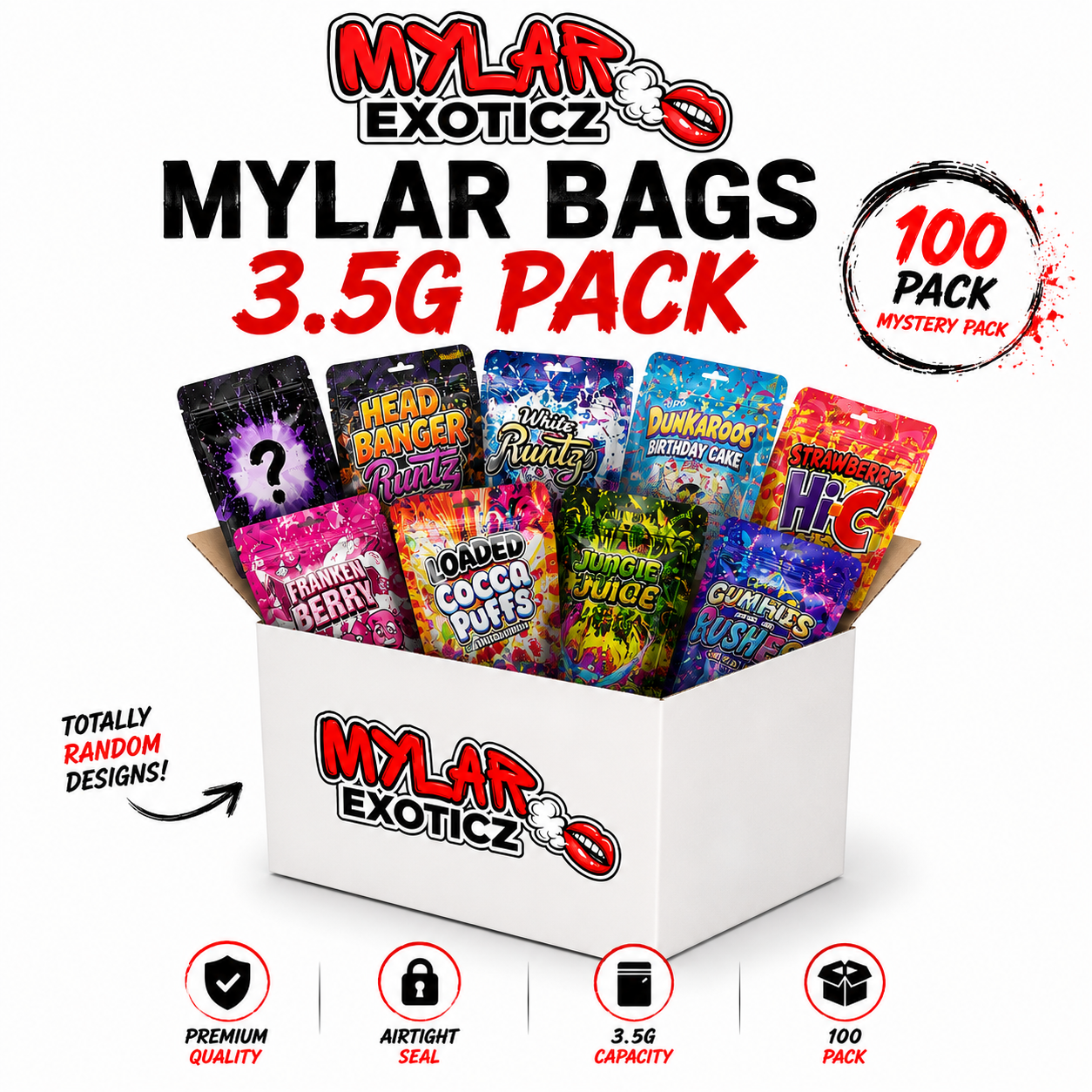 Mystery Mylar Bags 100 Pack | 3.5g Exotic Resealable Storage Bags Bulk Set Mylar Exoticz