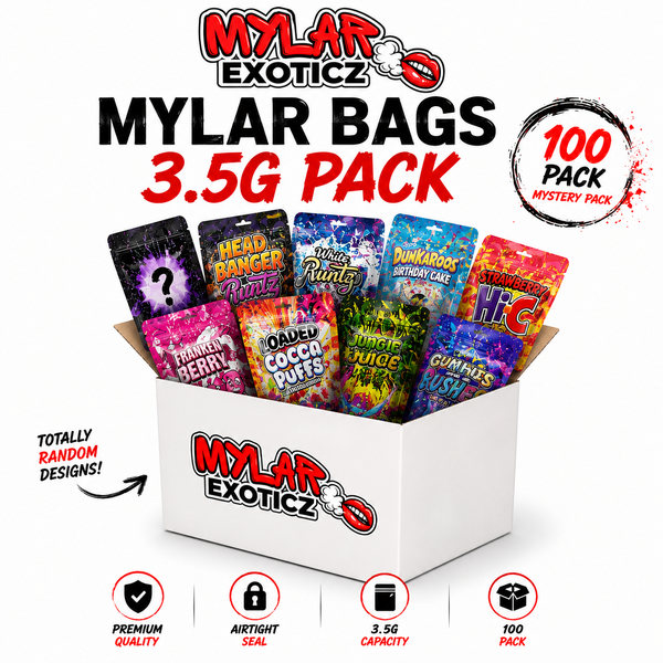 Mystery Mylar Bags 100 Pack | 3.5g Exotic Resealable Storage Bags Bulk Set Mylar Exoticz