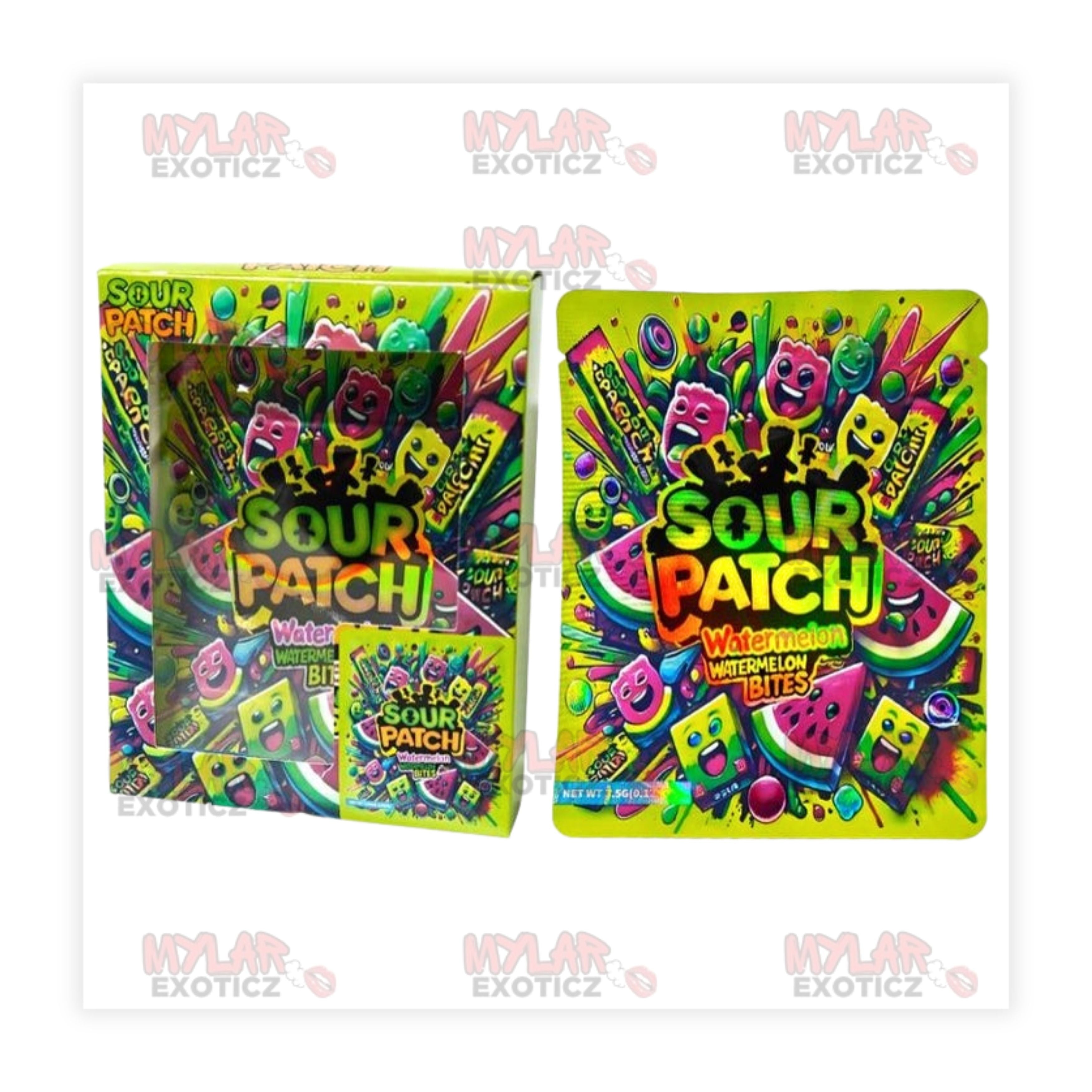 Sour Patch Watermelon Bites Mylar Bags + Matching Window Boxes | 3.5g Exotic Resealable Storage Set Mylar Exoticz
