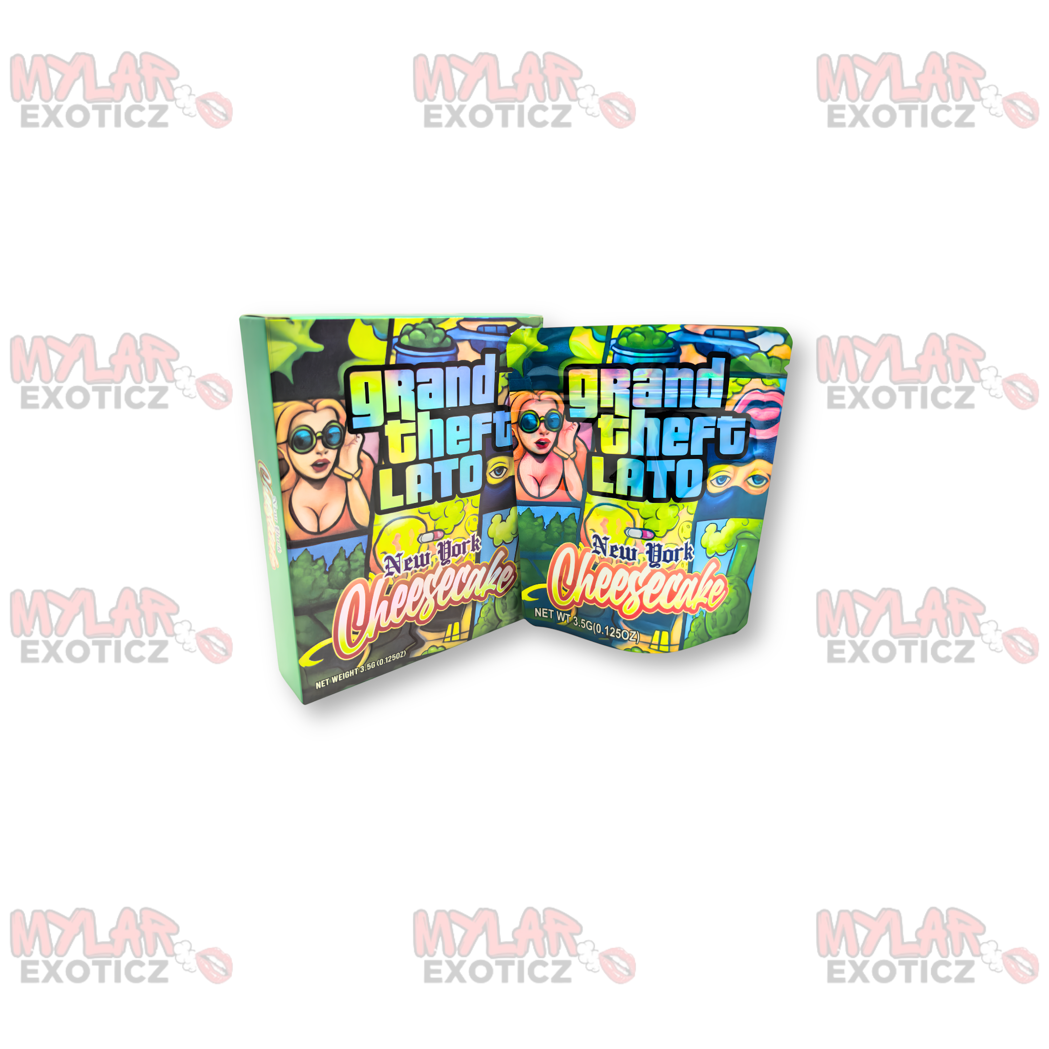 Grand Theft Lato New York Cheesecake Mylar Bags + Matching Boxes | 3.5g Exotic Resealable Storage Set