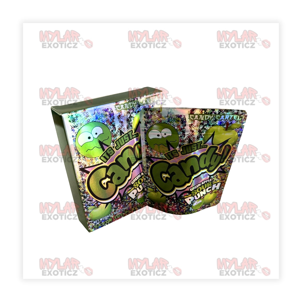 It's Just Candy Green Sour Apple Mylar Bags + Matching Boxes | 3.5g Exotic Resealable Storage Set Mylar Exoticz