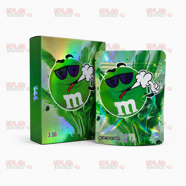 Green Candy Mylar Bags + Matching Boxes | 3.5g Exotic Resealable Storage Set