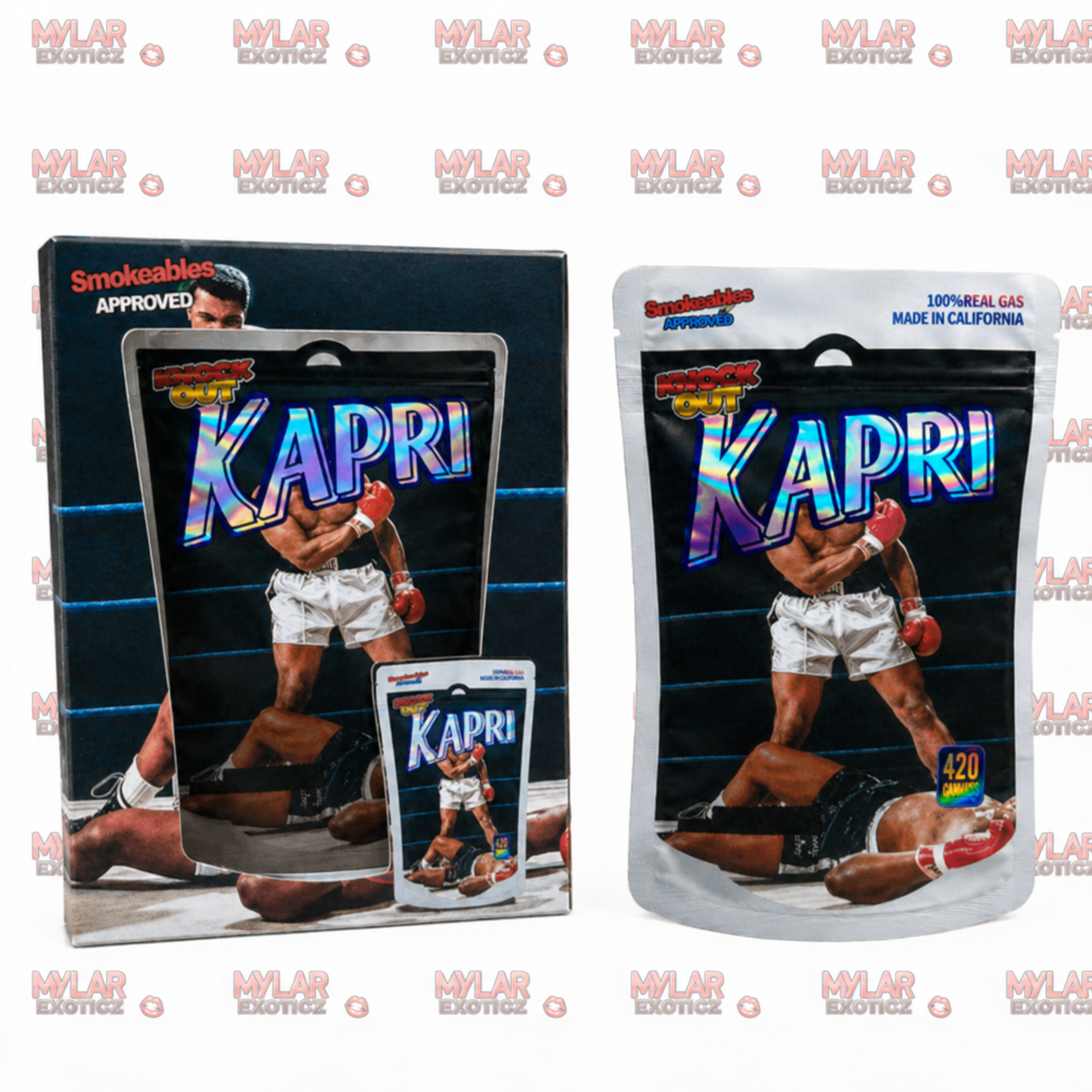 Kapri Boxing Mylar Bags + Matching Window Boxes | 3.5g Exotic Resealable Storage Set