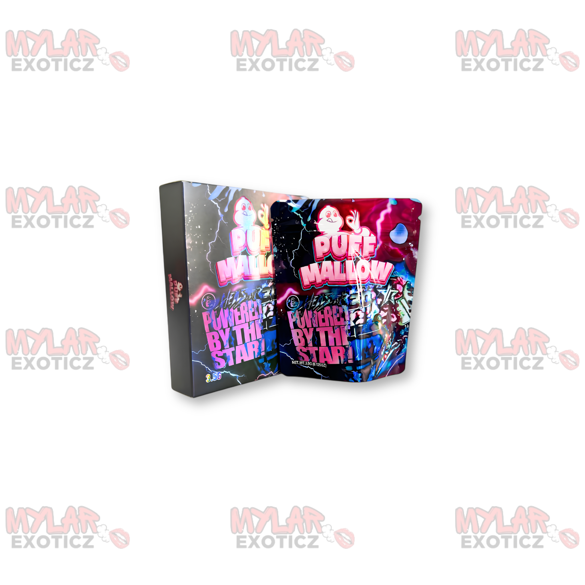Puff Mallow Powered By The Stars Mylar Bags + Matching Boxes | 3.5g Exotic Resealable Storage Set