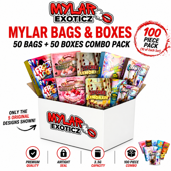 Mylar Bags & Matching Boxes Combo Pack – 100 Pieces Total (50 Bags + 50 Boxes) | 5 Design Variety Pack | 3.5g Storage Packaging